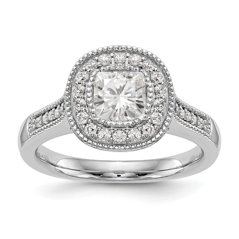 14K Weißgold Verlobungsring mit Kissenschliff-Zargenfassung und Diamant-Halo