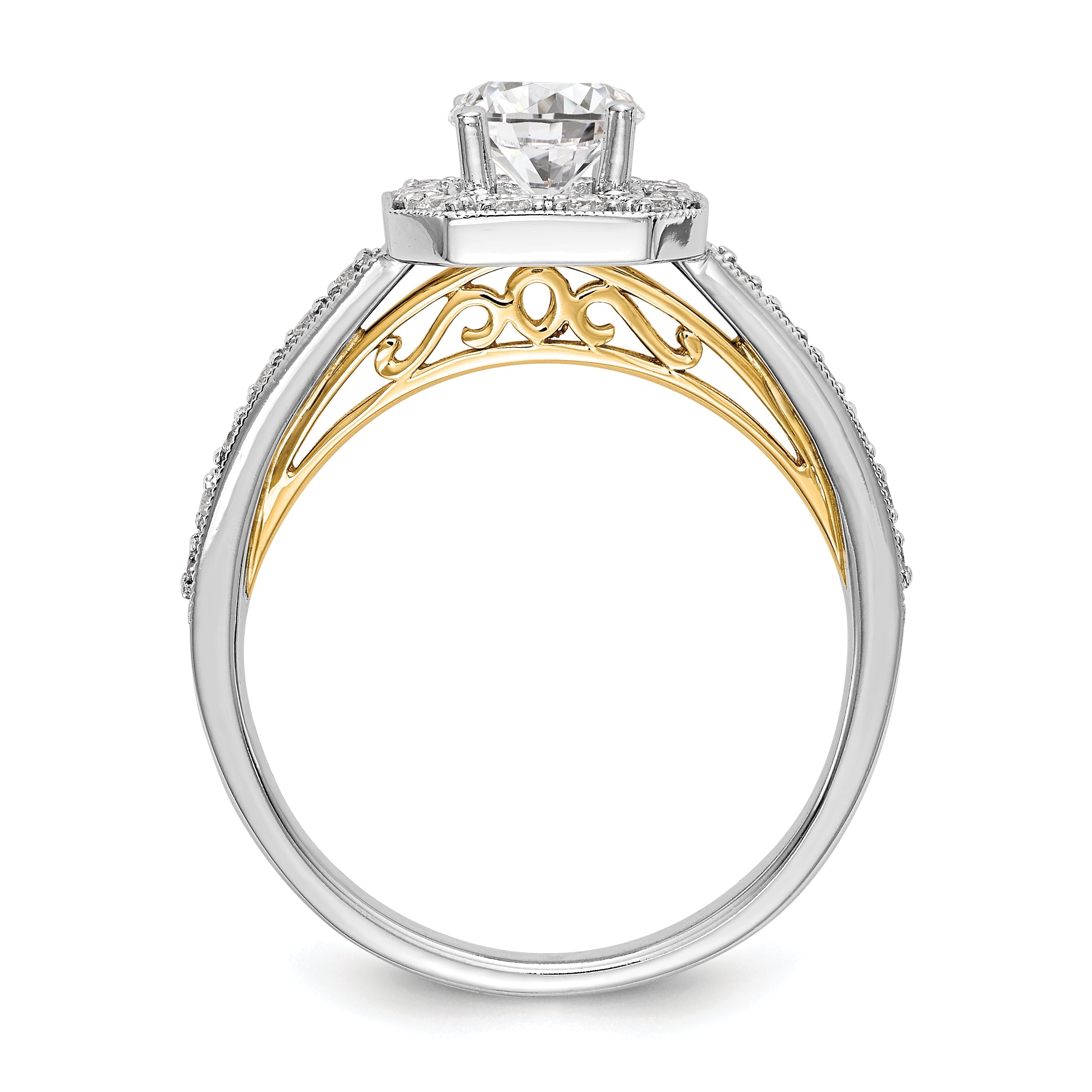 14K Bicolor Verlobungsring mit rundem Zirkonia und Kissenschliff-Halo