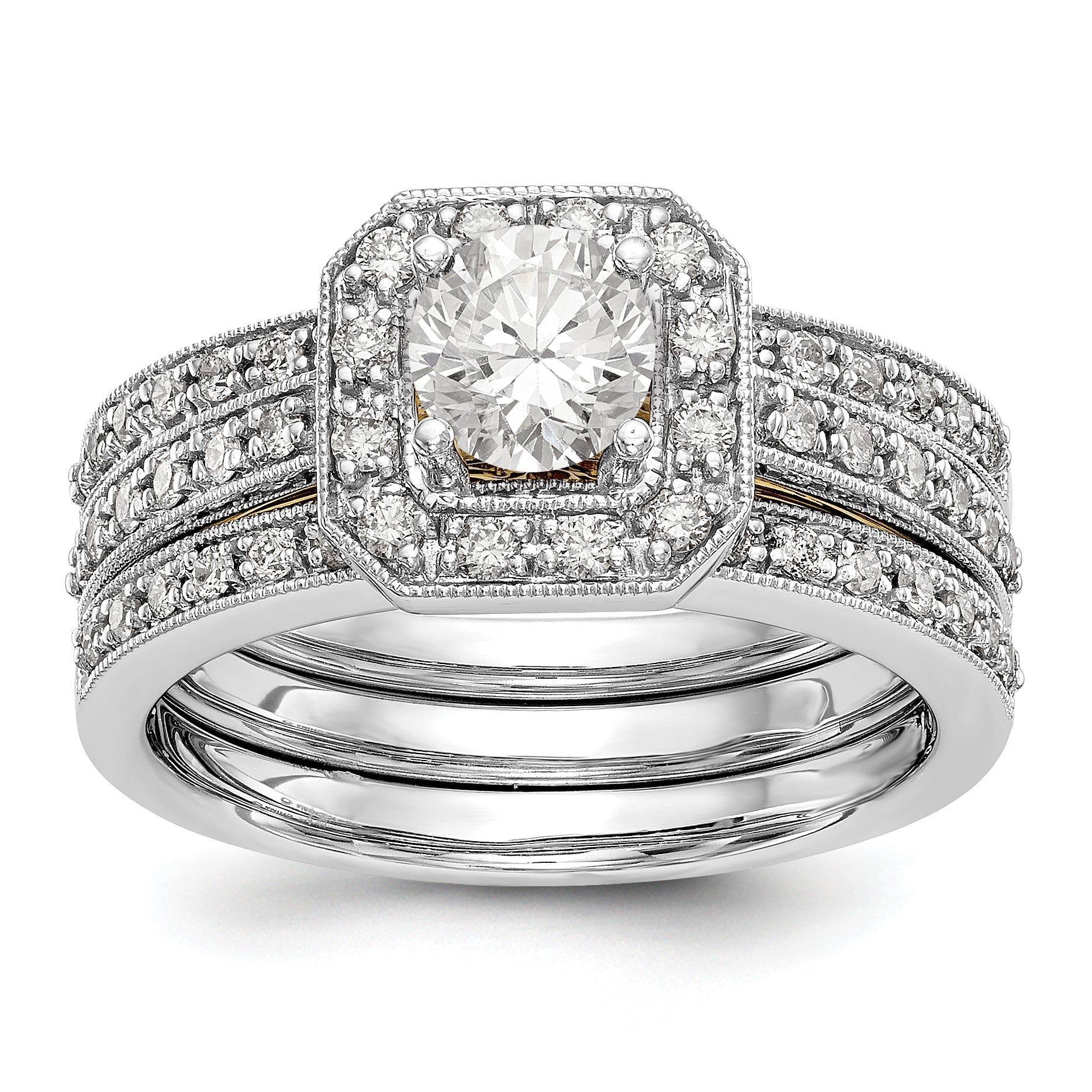 14K Bicolor Verlobungsring mit rundem Zirkonia und Kissenschliff-Halo