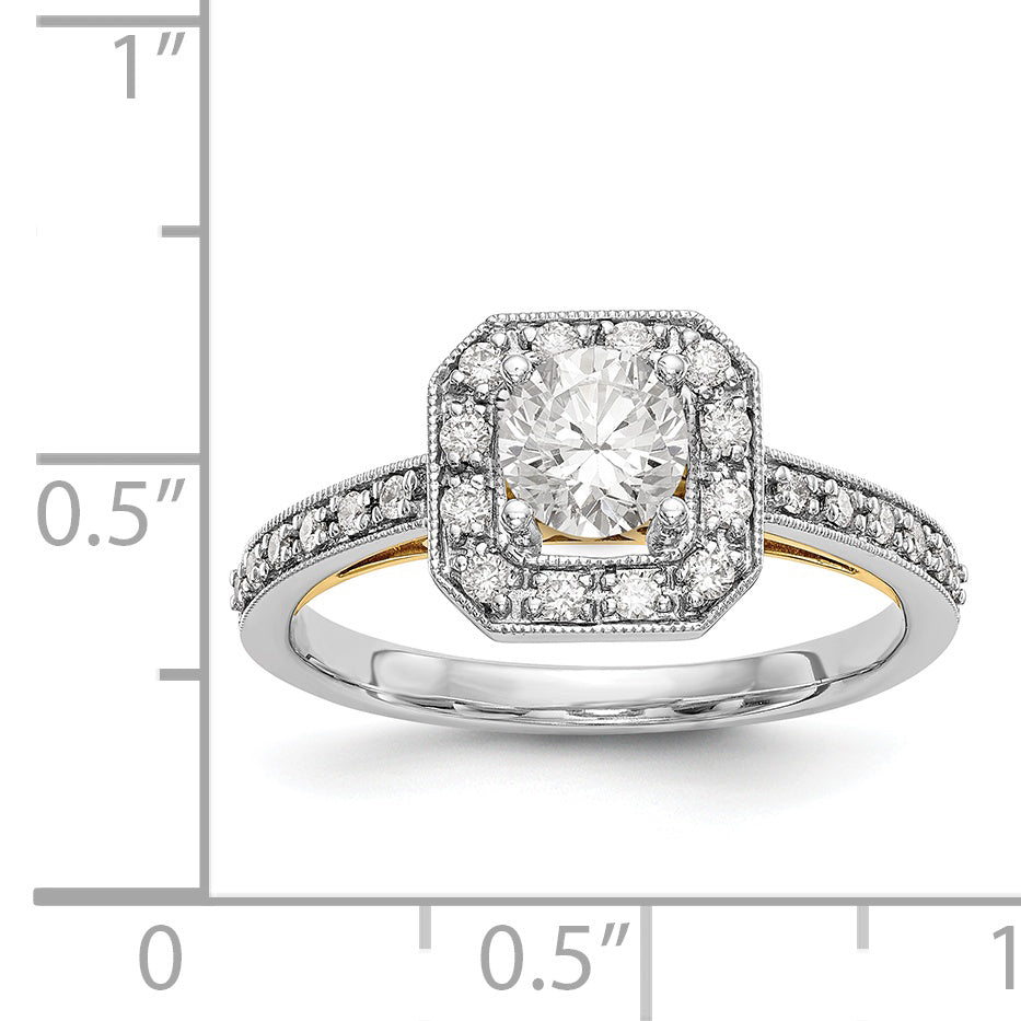 14K Bicolor Verlobungsring mit rundem Zirkonia und Kissenschliff-Halo