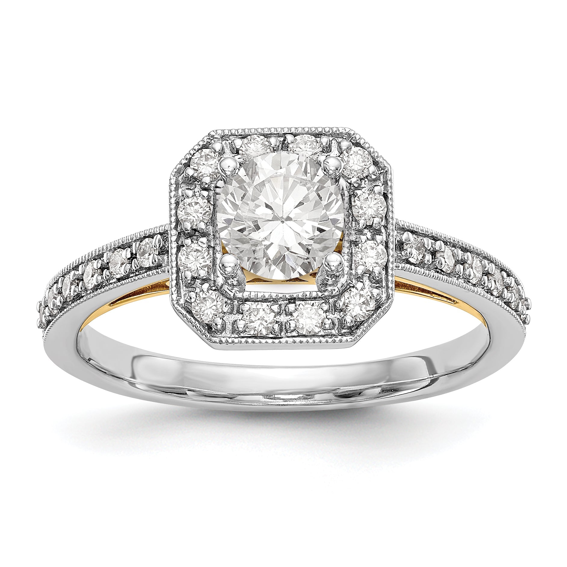 14K Bicolor Verlobungsring mit rundem Zirkonia und Kissenschliff-Halo