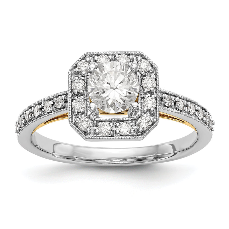 14K Bicolor Verlobungsring mit rundem Zirkonia und Kissenschliff-Halo