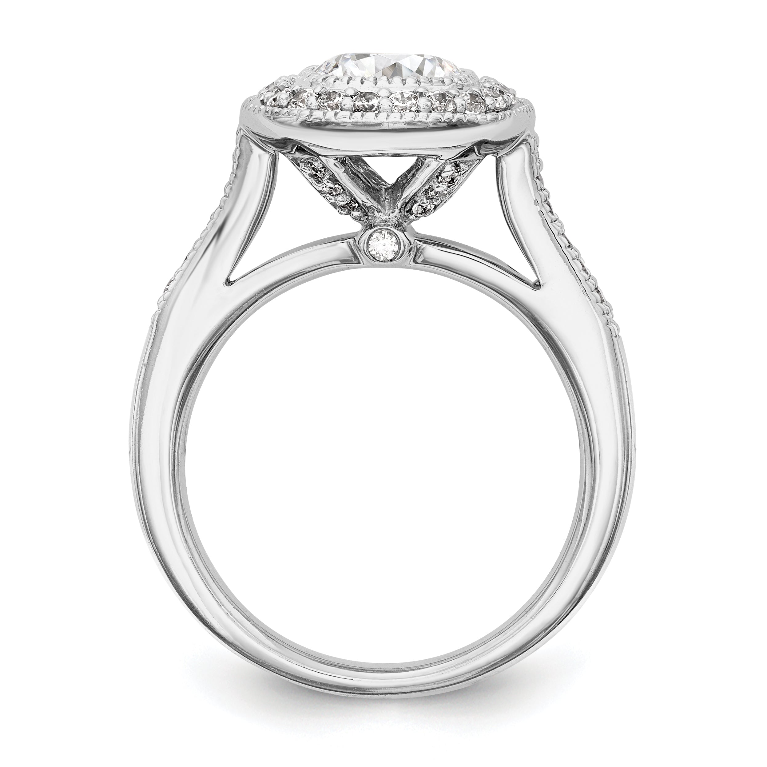 14K Weißgold Verlobungsring mit rundem simuliertem Diamanten und Kissen-Halo