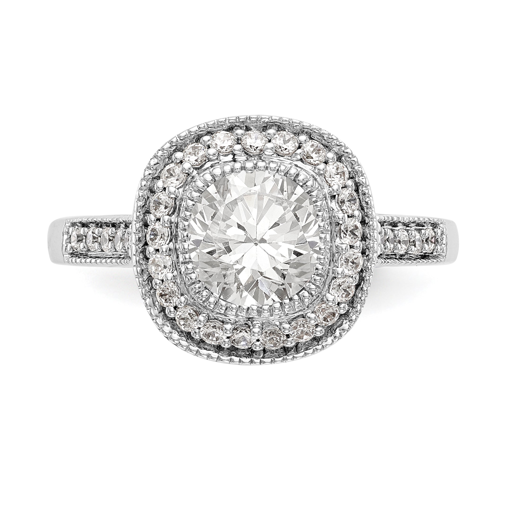 14K Weißgold Verlobungsring mit rundem simuliertem Diamanten und Kissen-Halo