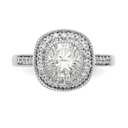 14K Weißgold Verlobungsring mit rundem simuliertem Diamanten und Kissen-Halo