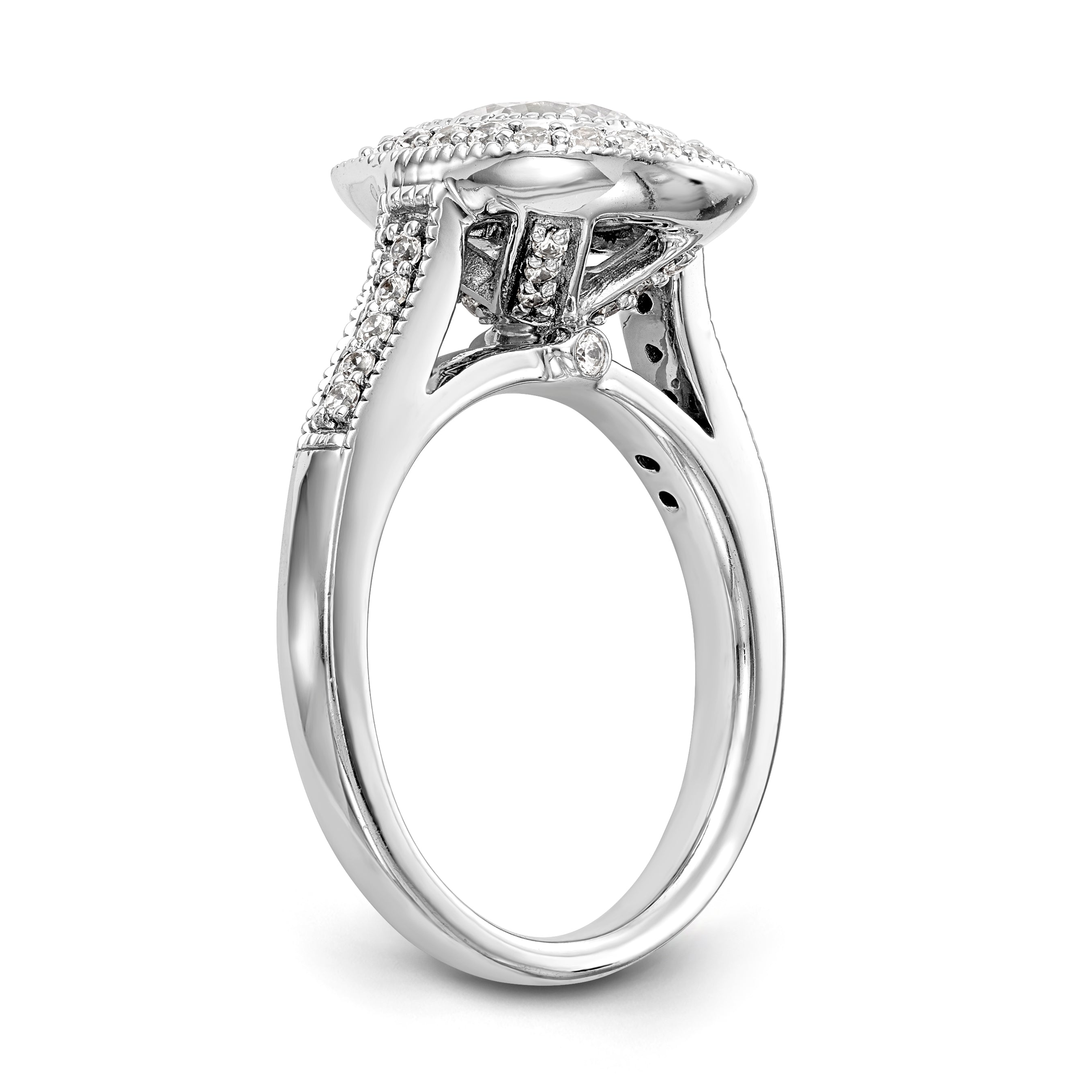 14K Weißgold Verlobungsring mit rundem simuliertem Diamanten und Kissen-Halo