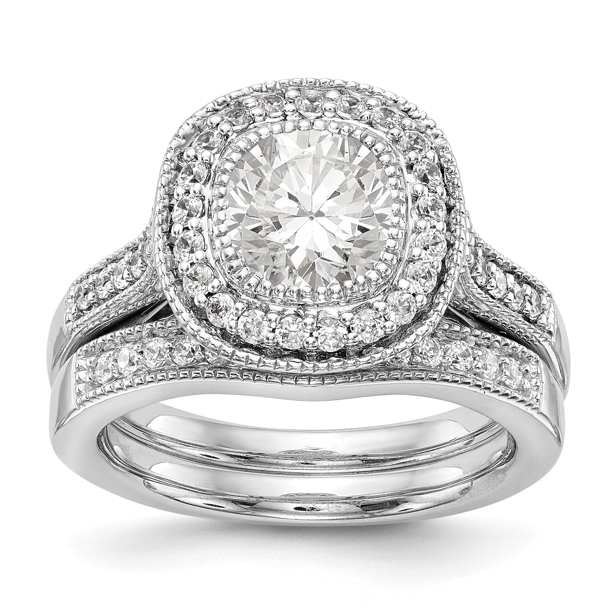 14K Weißgold Verlobungsring mit rundem simuliertem Diamanten und Kissen-Halo