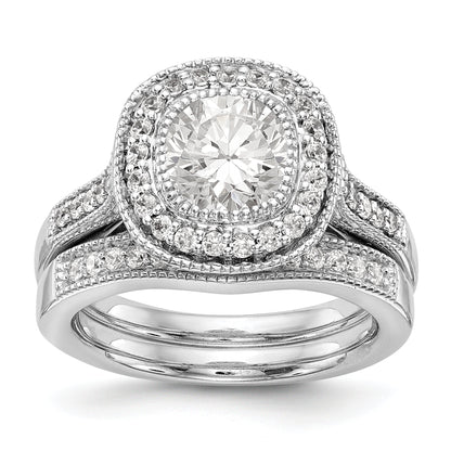 14K Weißgold Verlobungsring mit rundem simuliertem Diamanten und Kissen-Halo