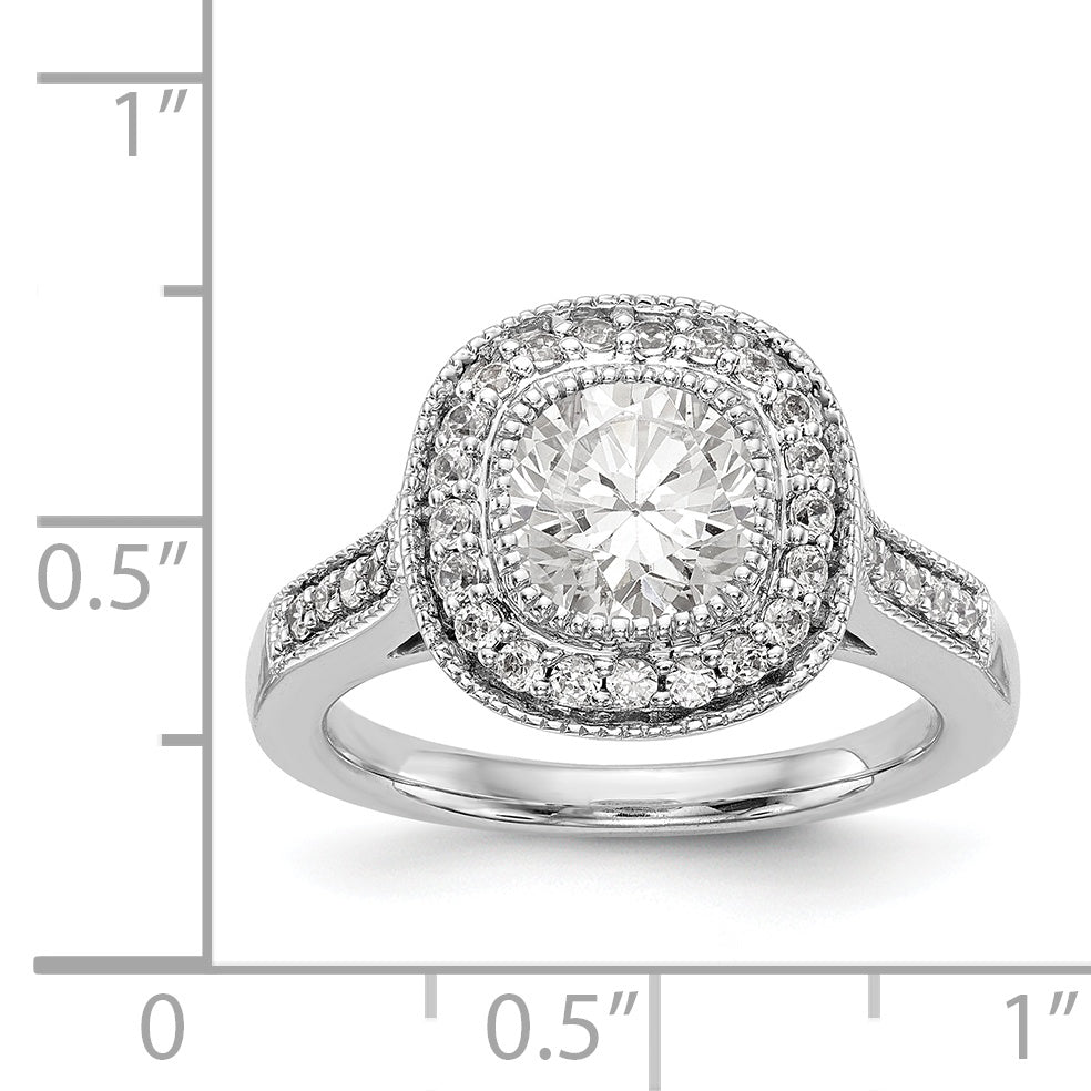 14K Weißgold Verlobungsring mit rundem simuliertem Diamanten und Kissen-Halo
