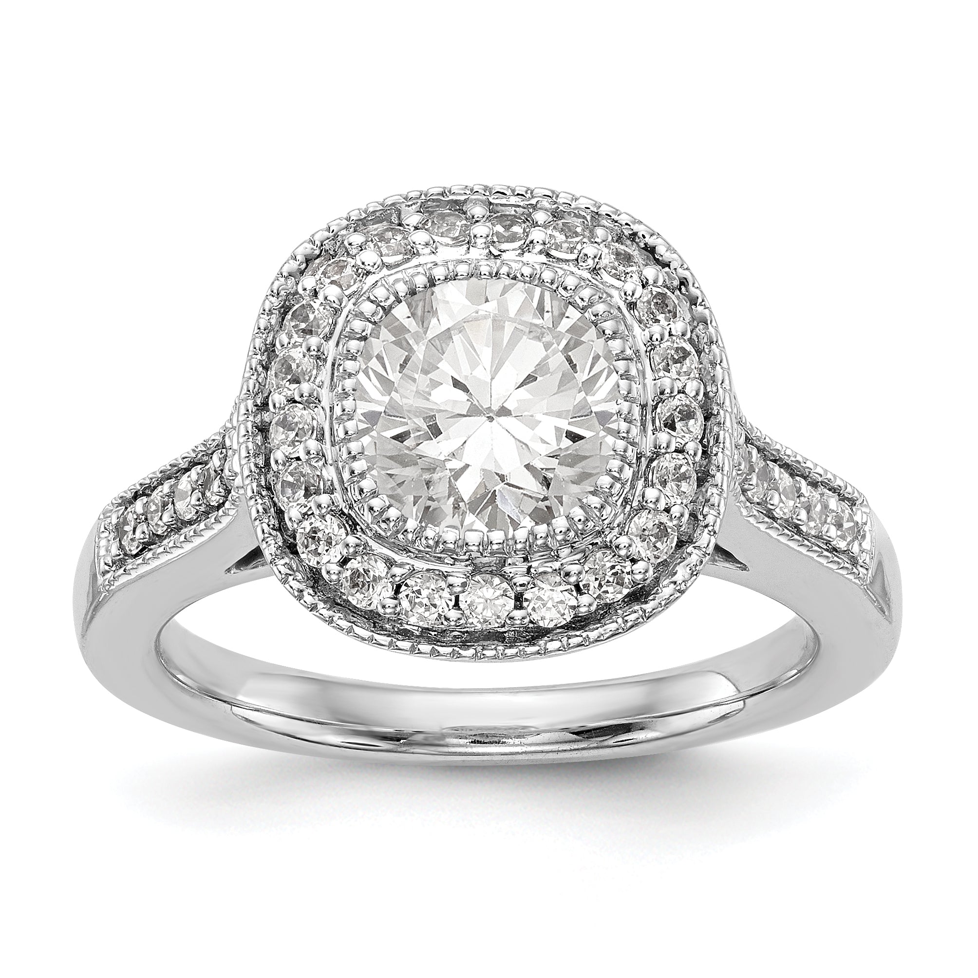 14K Weißgold Verlobungsring mit rundem simuliertem Diamanten und Kissen-Halo