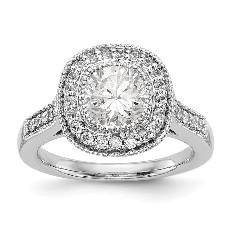 14K Weißgold Verlobungsring mit rundem simuliertem Diamanten und Kissen-Halo