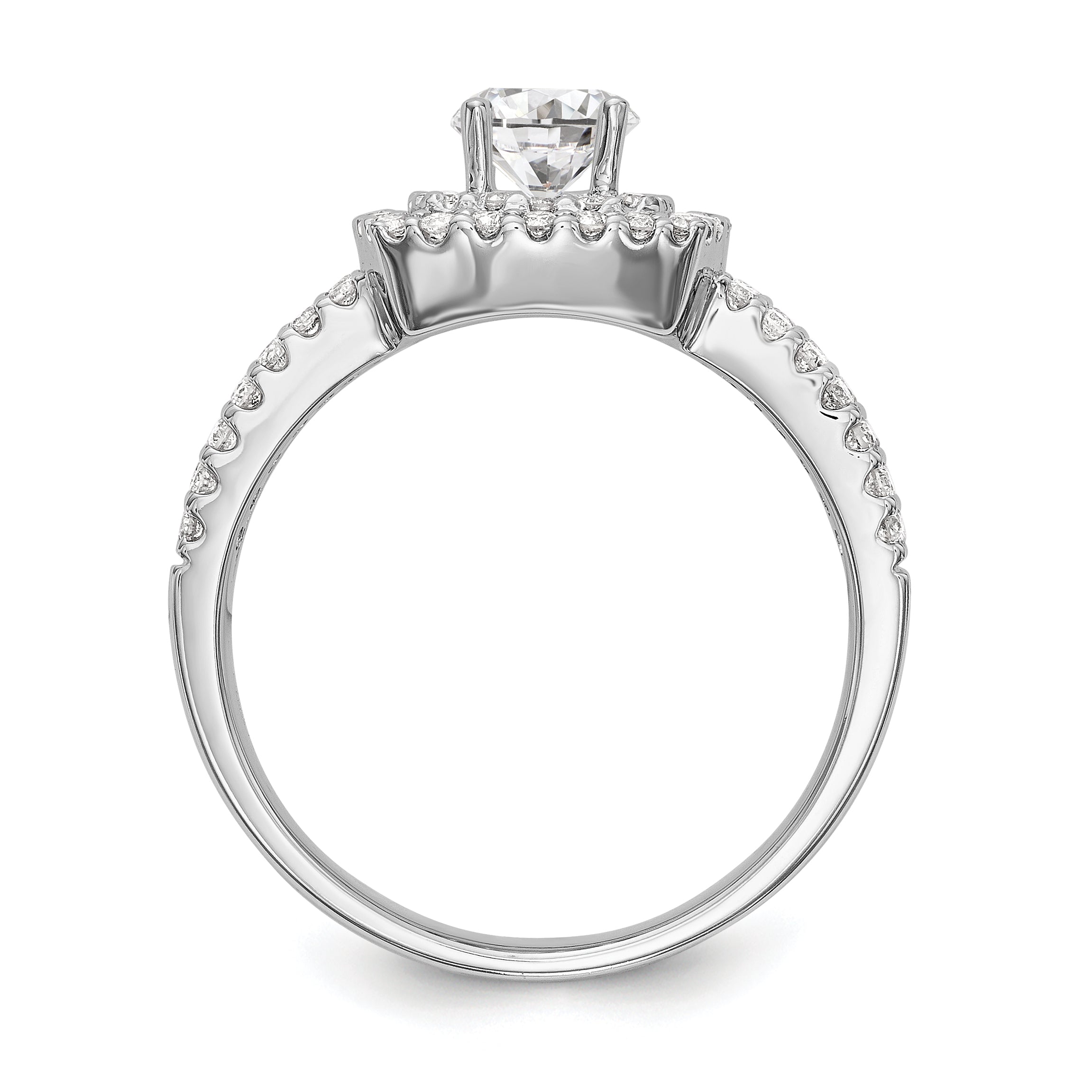 14K Weißgold Verlobungsring mit rundem simuliertem Diamanten und Kissen-Halo