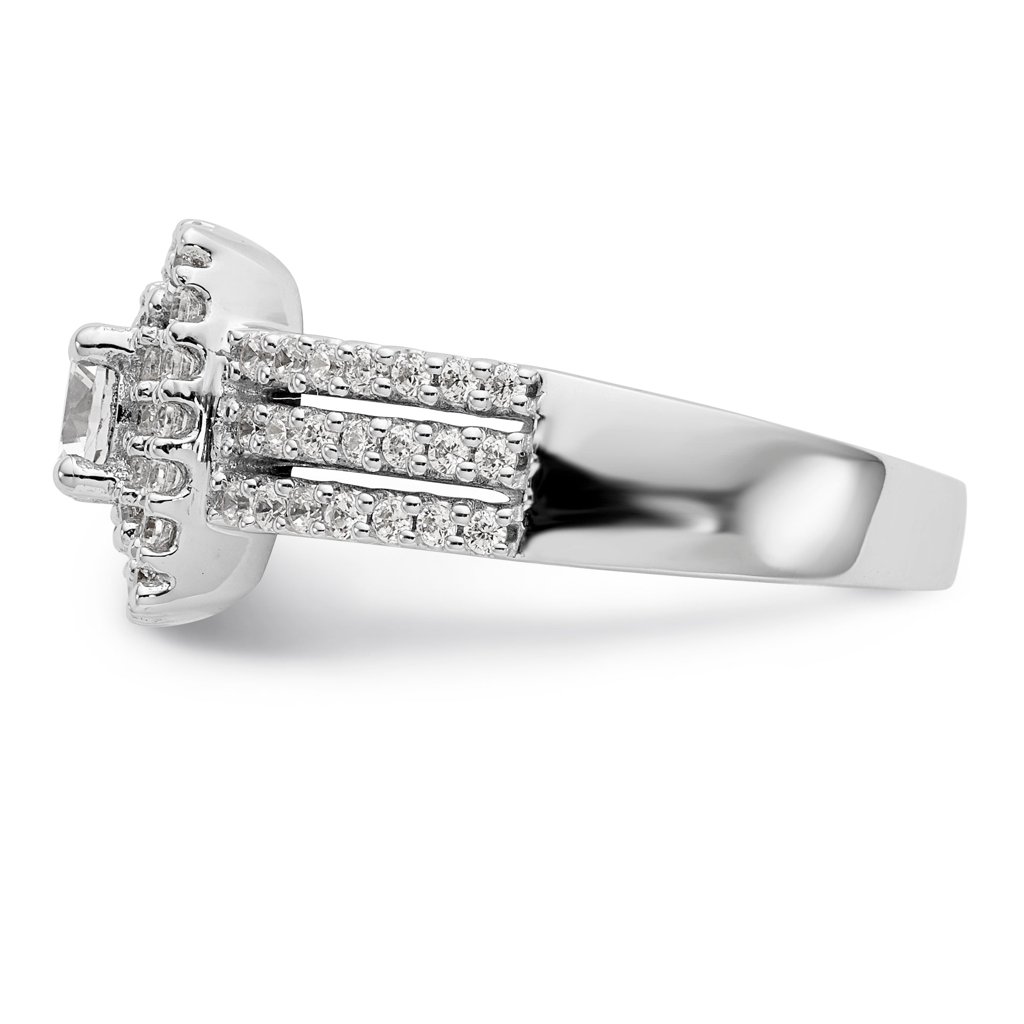14K Weißgold Verlobungsring mit rundem simuliertem Diamanten und Kissen-Halo