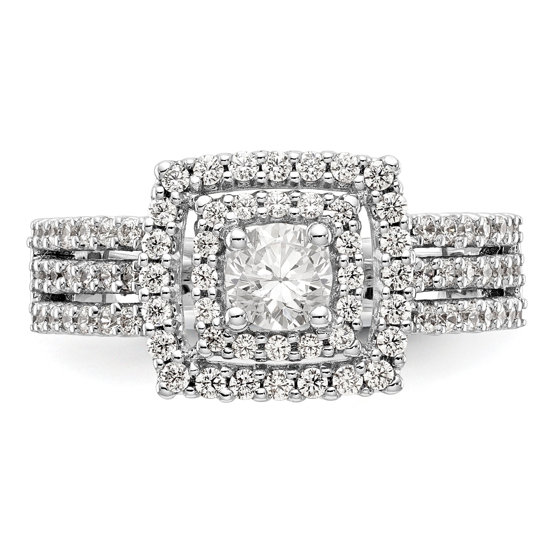 14K Weißgold Verlobungsring mit rundem simuliertem Diamanten und Kissen-Halo