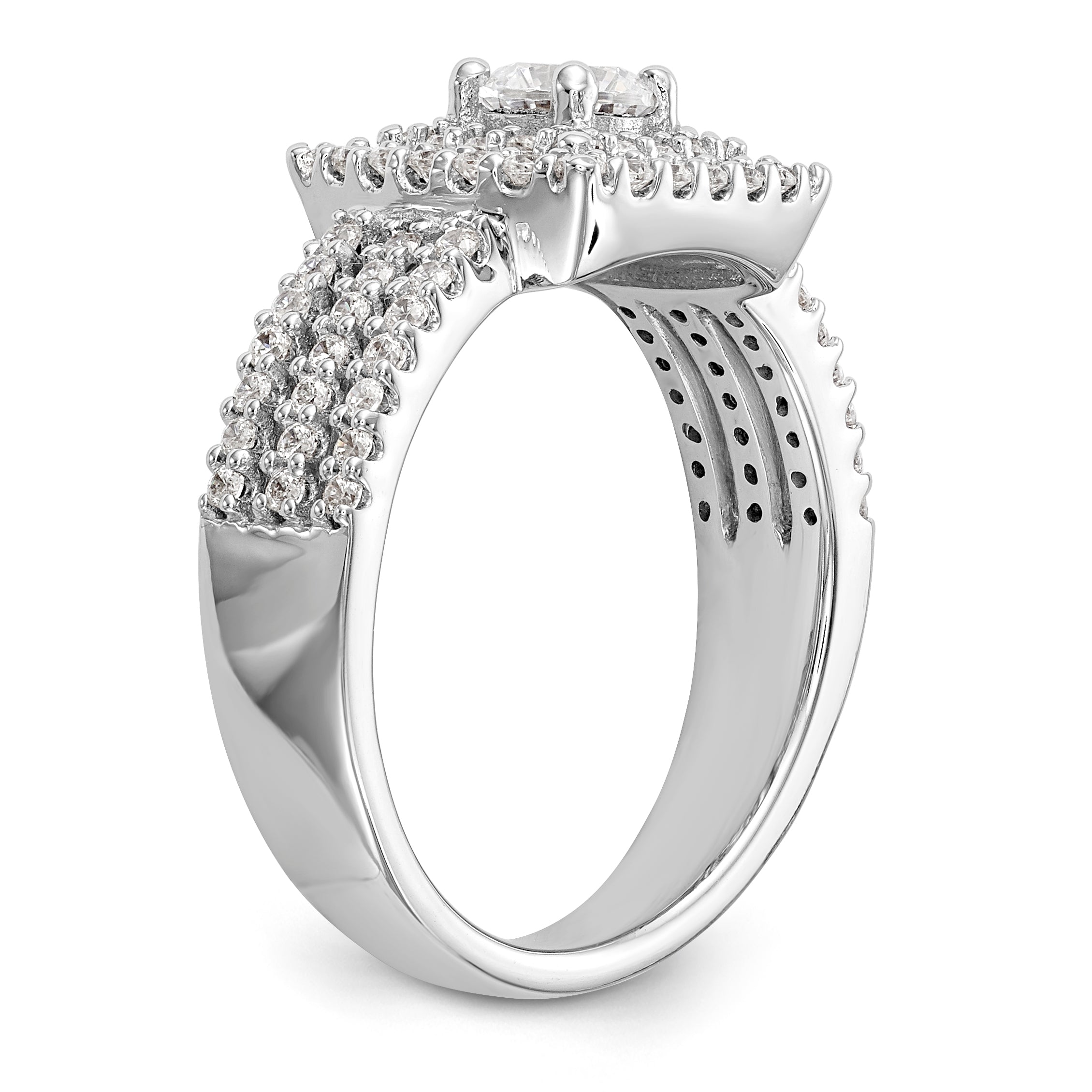 14K Weißgold Verlobungsring mit rundem simuliertem Diamanten und Kissen-Halo