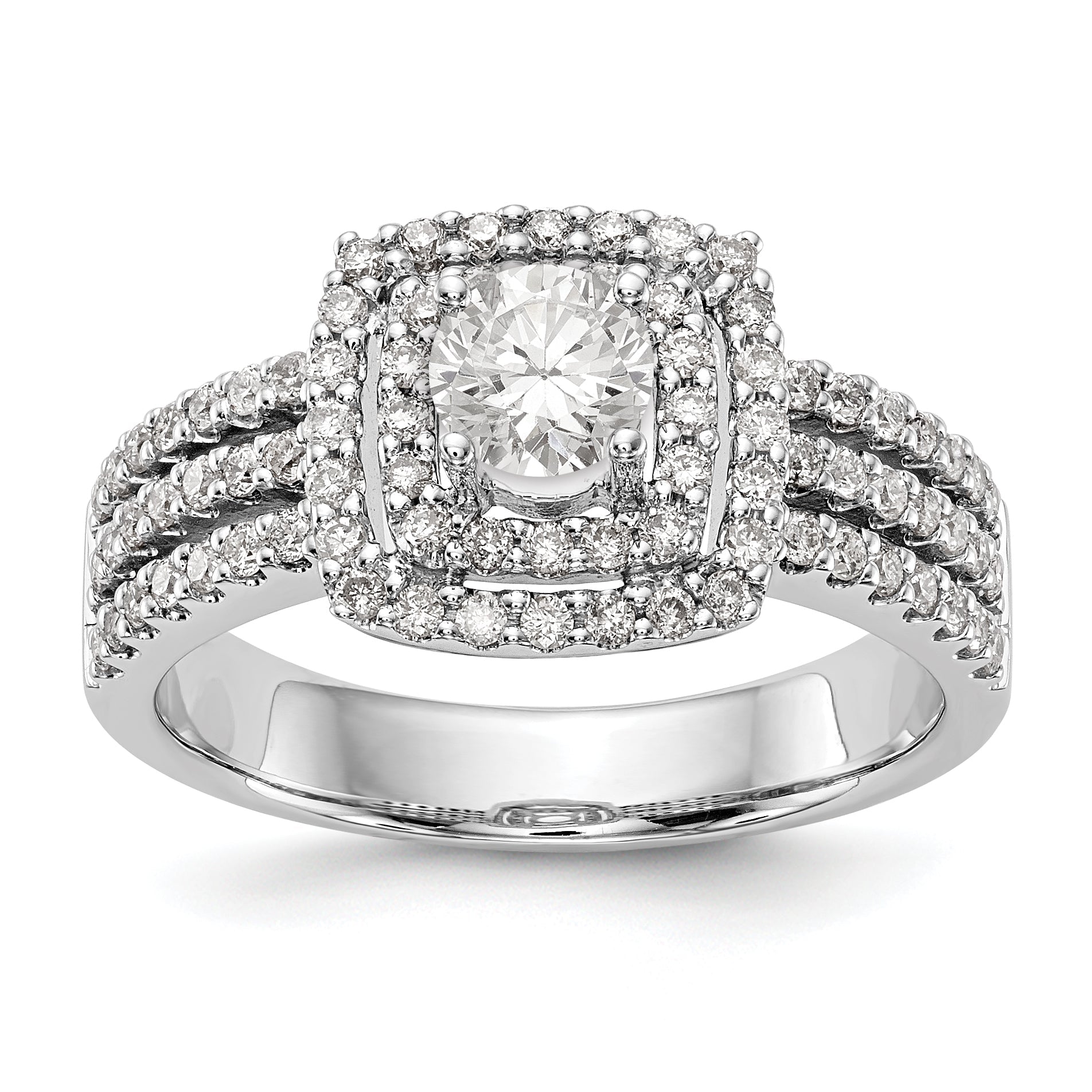 14K Weißgold Verlobungsring mit rundem simuliertem Diamanten und Kissen-Halo