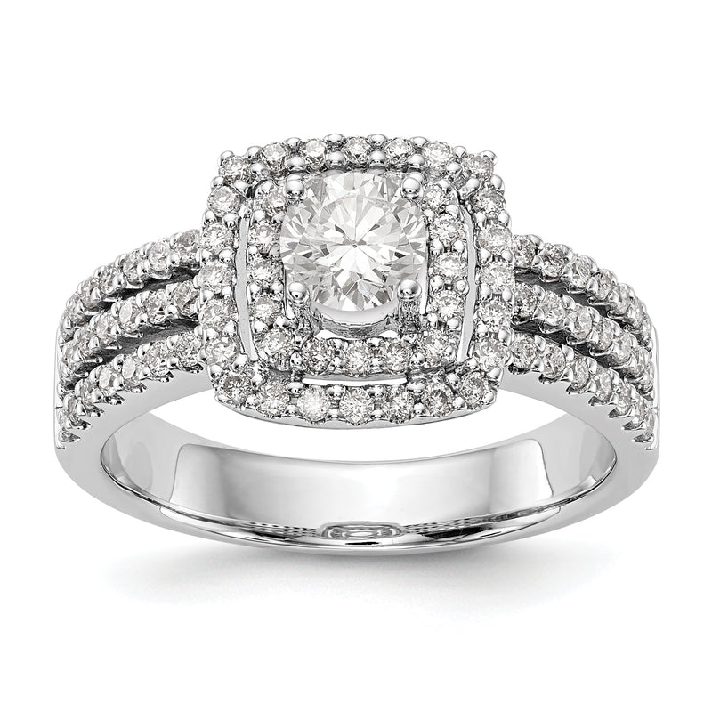 14K Weißgold Verlobungsring mit rundem simuliertem Diamanten und Kissen-Halo