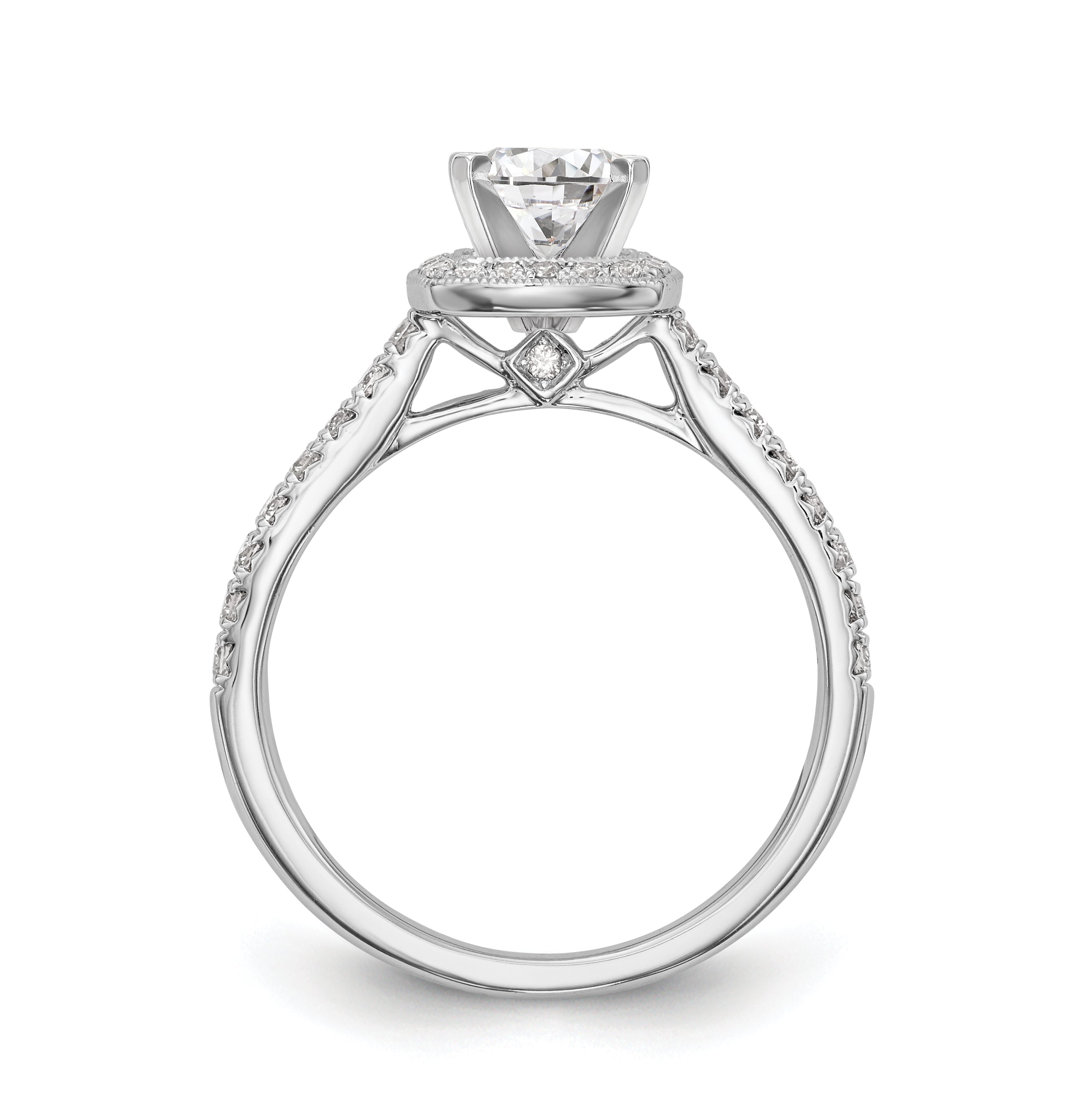 14-Karat-Weißgold-Verlobungsring mit Kissenschliff-Halo aus simulierten Diamanten und Krappenfassung
