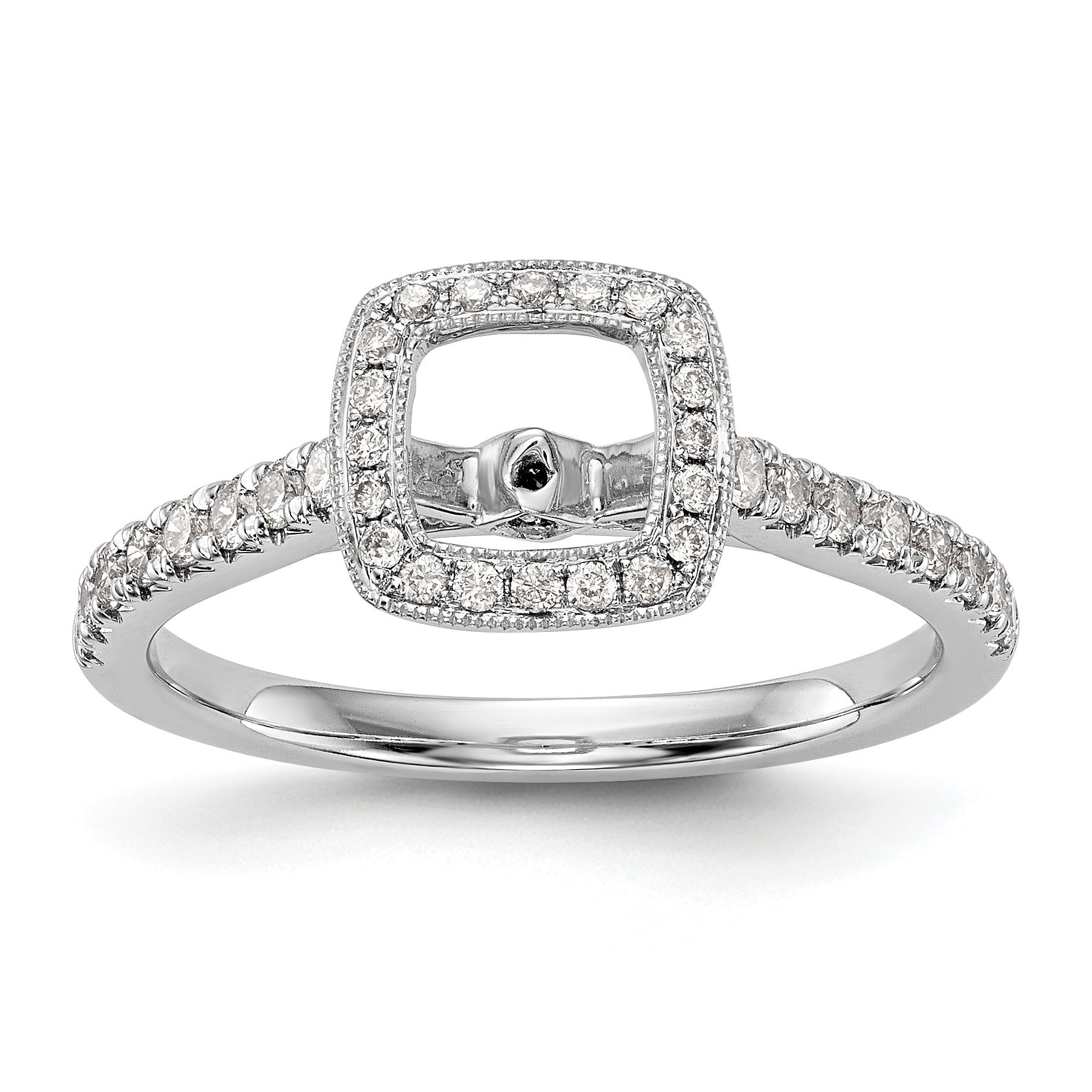 14-Karat-Weißgold-Verlobungsring mit Kissenschliff-Halo aus simulierten Diamanten und Krappenfassung