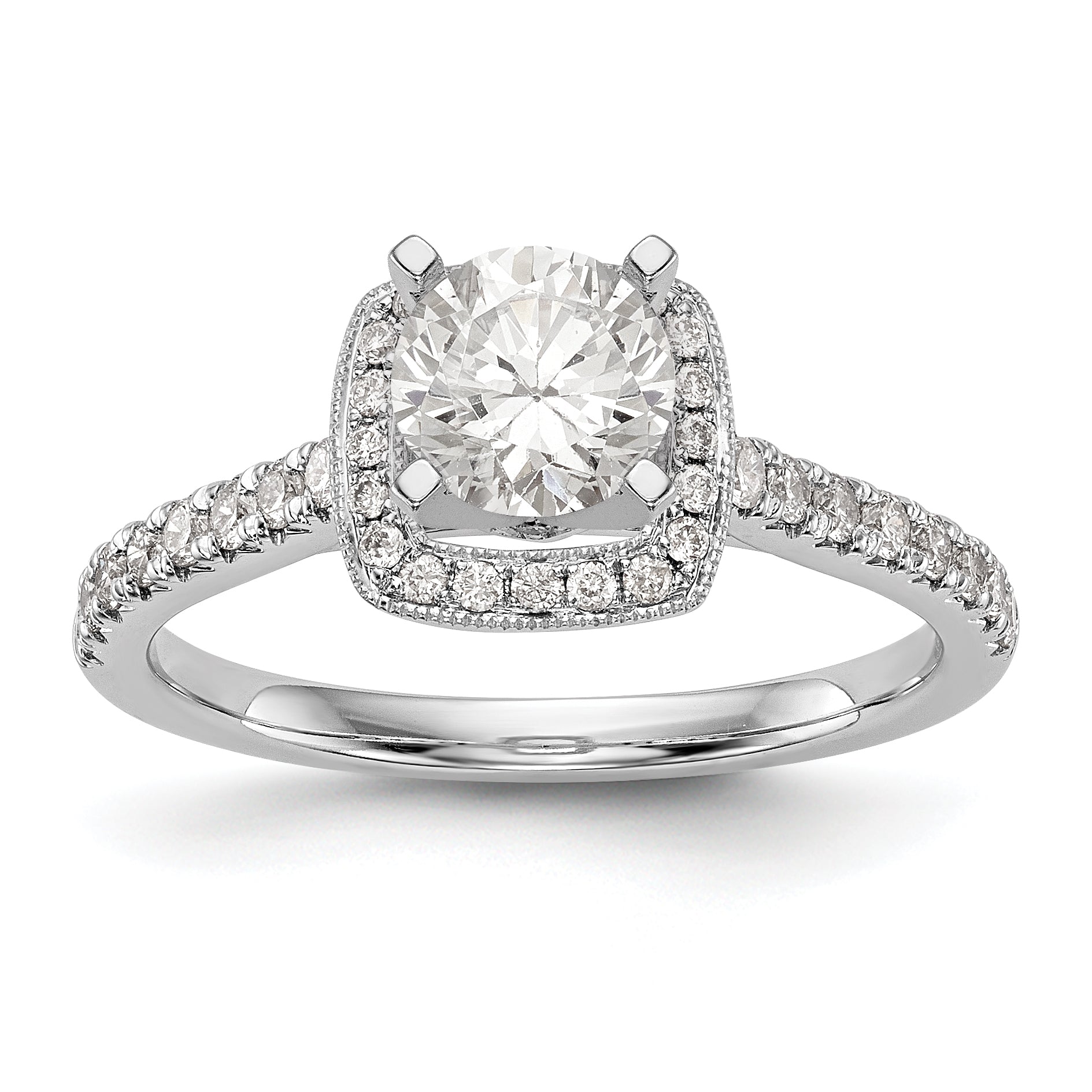 14-Karat-Weißgold-Verlobungsring mit Kissenschliff-Halo aus simulierten Diamanten und Krappenfassung