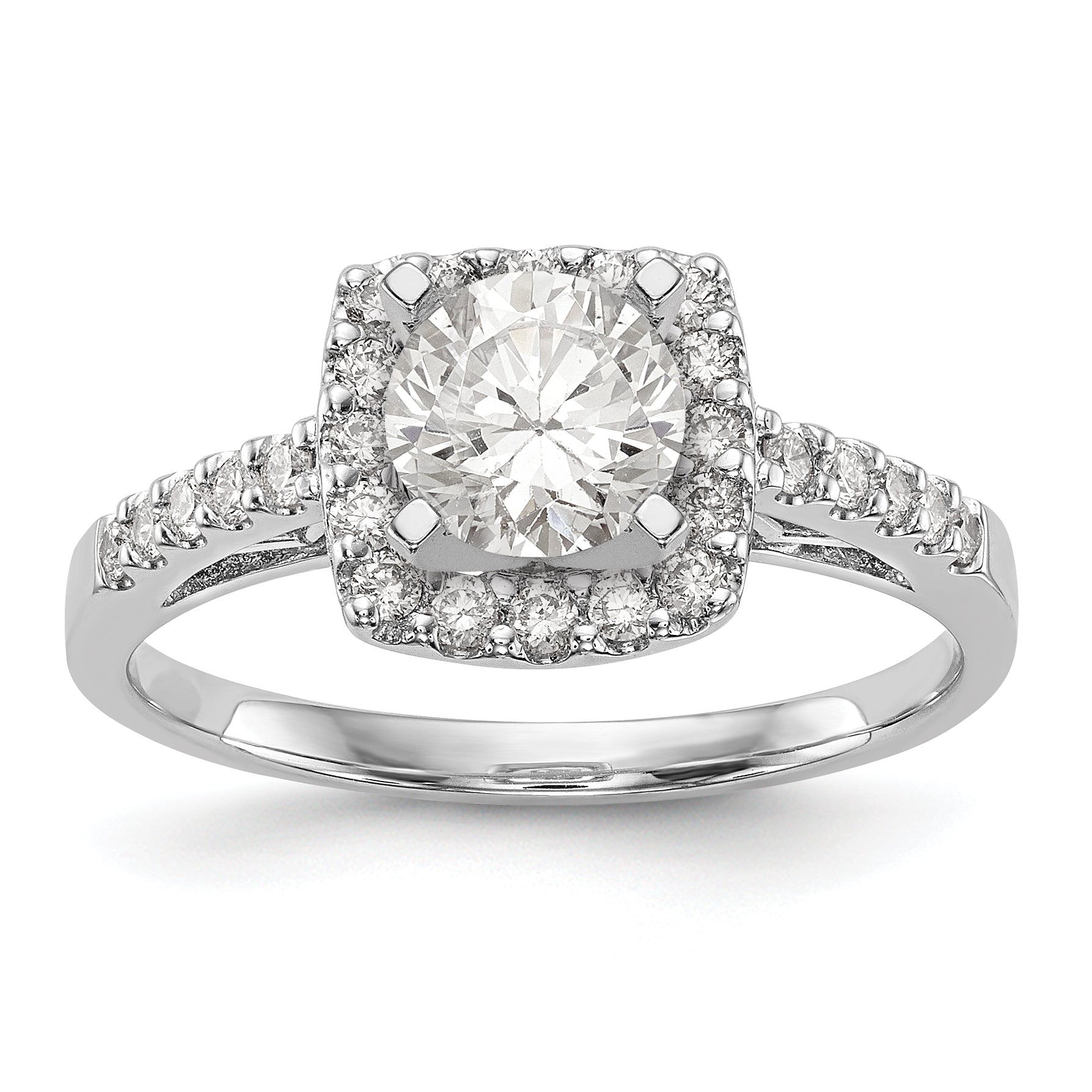 14K Weißgold Verlobungsring mit Kissenschliff-Halo aus simulierten Diamanten in Krappenfassung