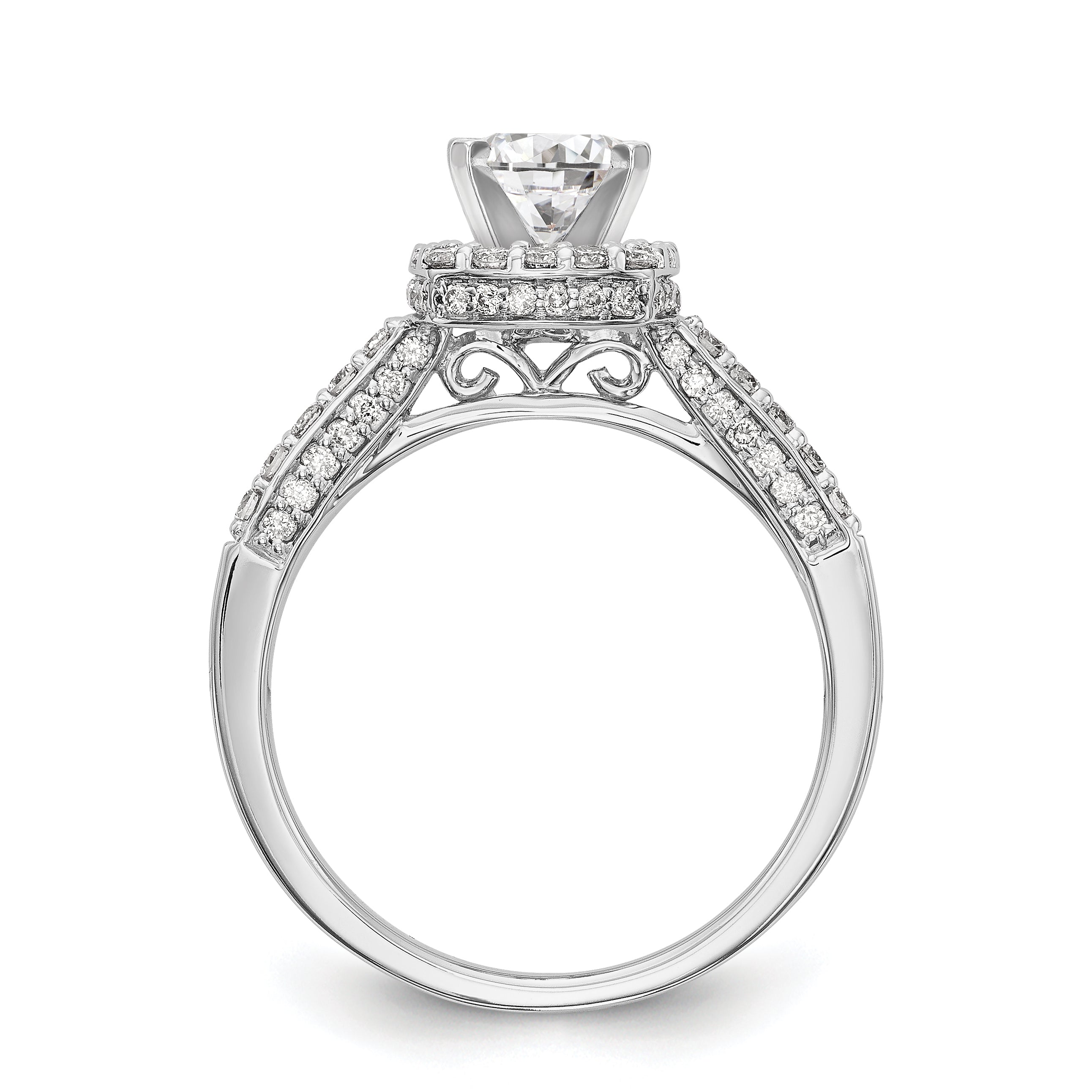 14K Weißgoldring mit Halo im Kissenschliff aus simulierten Diamanten in Krappenfassung