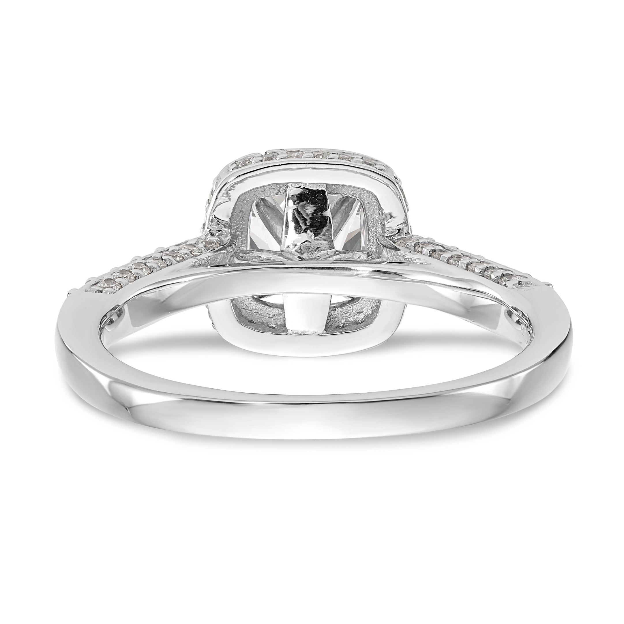 14K Weißgoldring mit Halo im Kissenschliff aus simulierten Diamanten in Krappenfassung