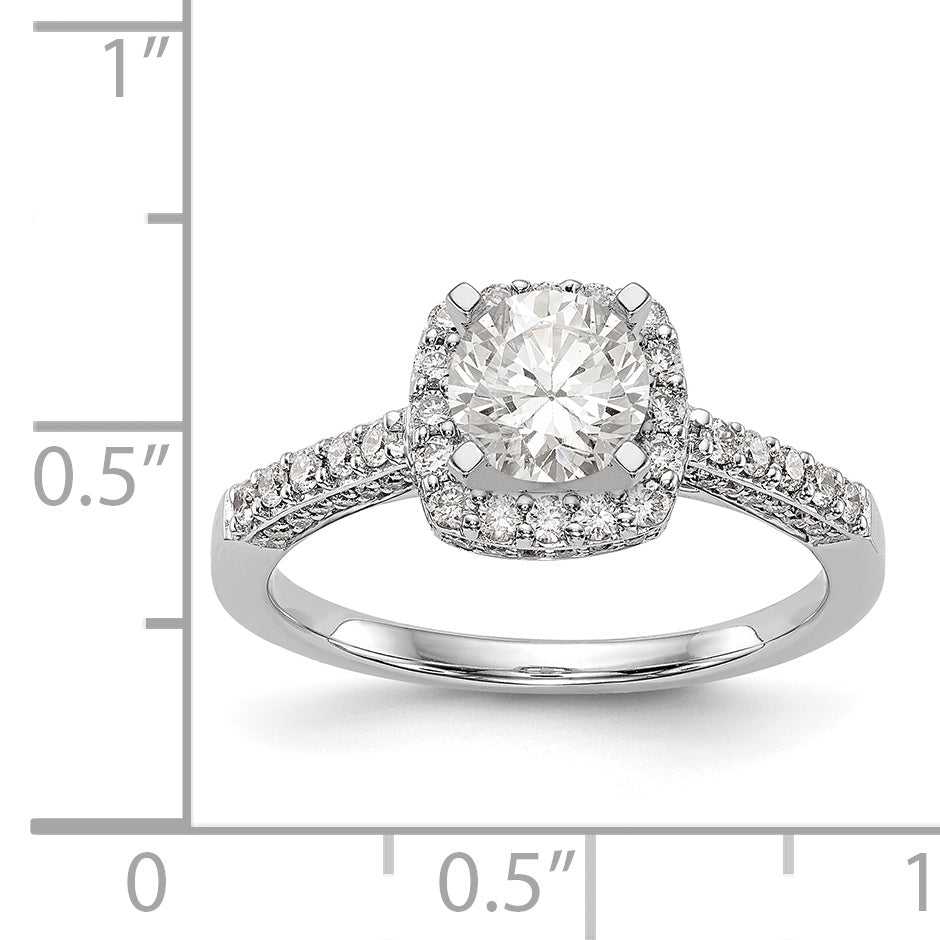 14K Weißgoldring mit Halo im Kissenschliff aus simulierten Diamanten in Krappenfassung