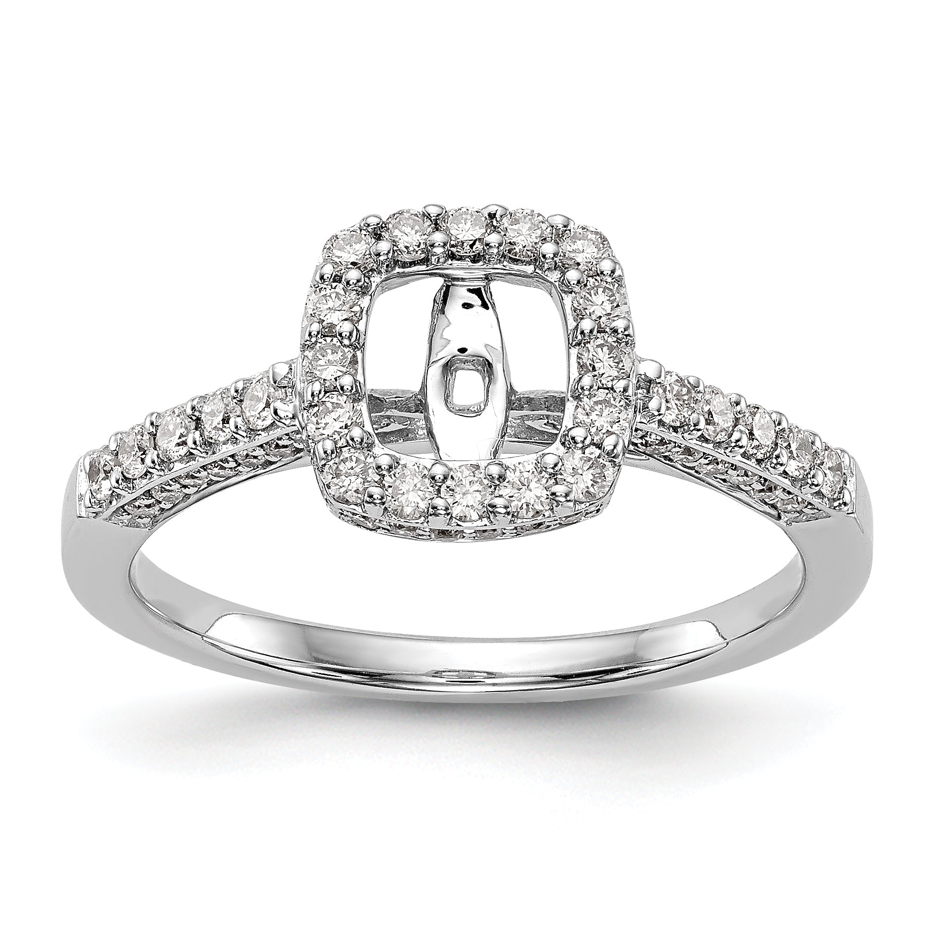14K Weißgoldring mit Halo im Kissenschliff aus simulierten Diamanten in Krappenfassung