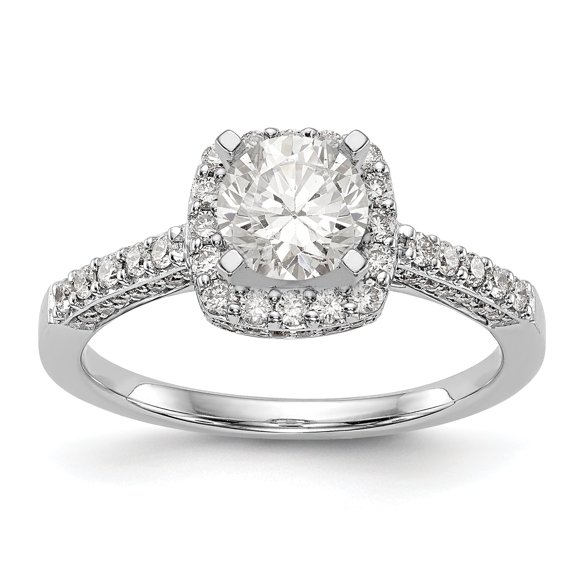 14K Weißgoldring mit Halo im Kissenschliff aus simulierten Diamanten in Krappenfassung