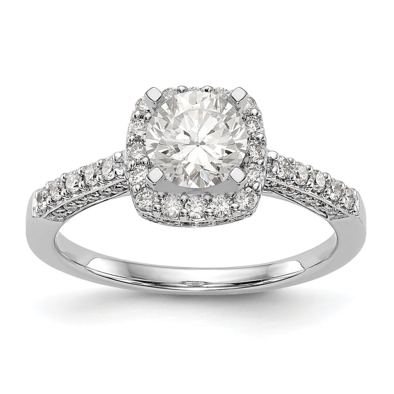14K Weißgoldring mit Halo im Kissenschliff aus simulierten Diamanten in Krappenfassung