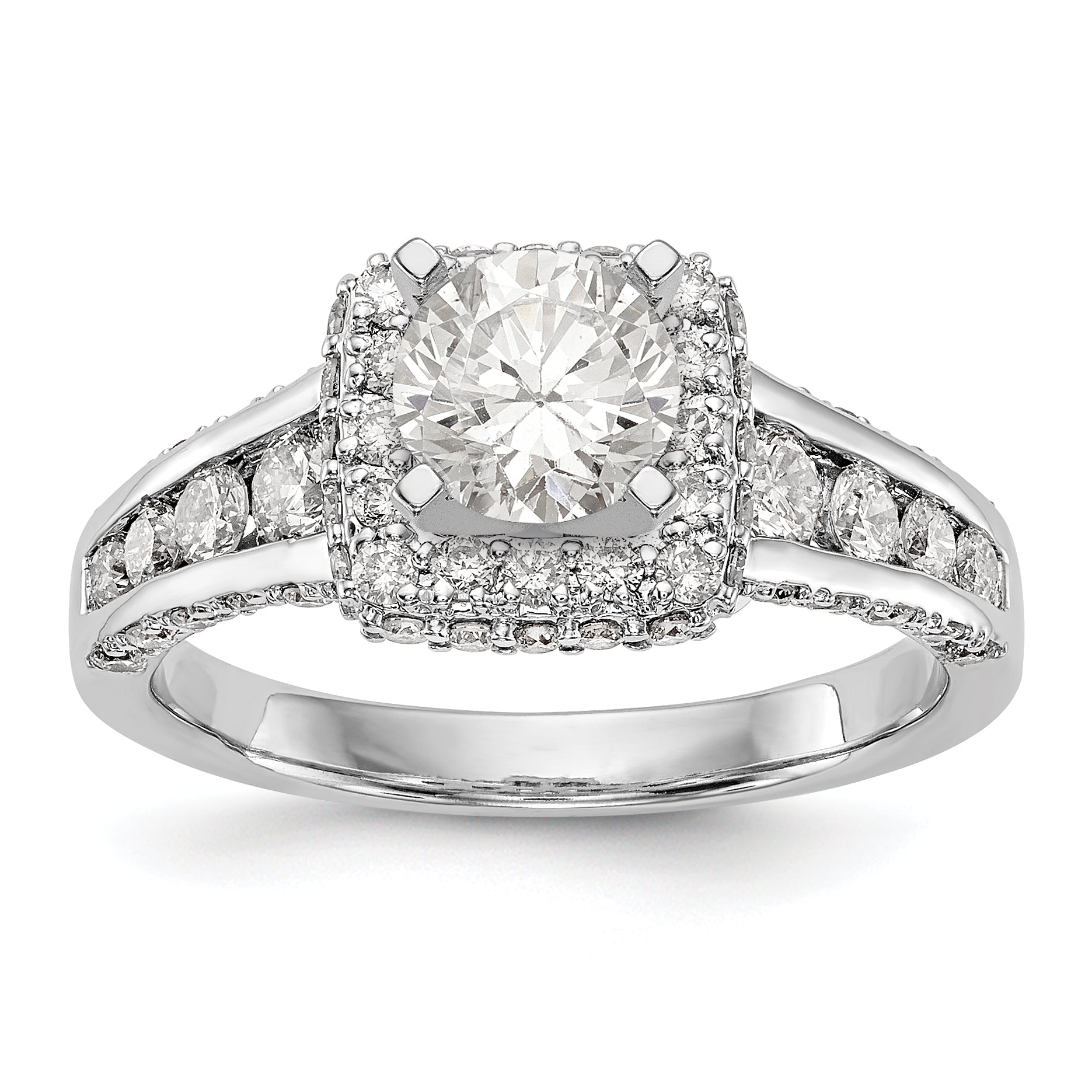 14K Weißgold Verlobungsring mit Kissenschliff-Halo aus simulierten Diamanten und Krappenfassung