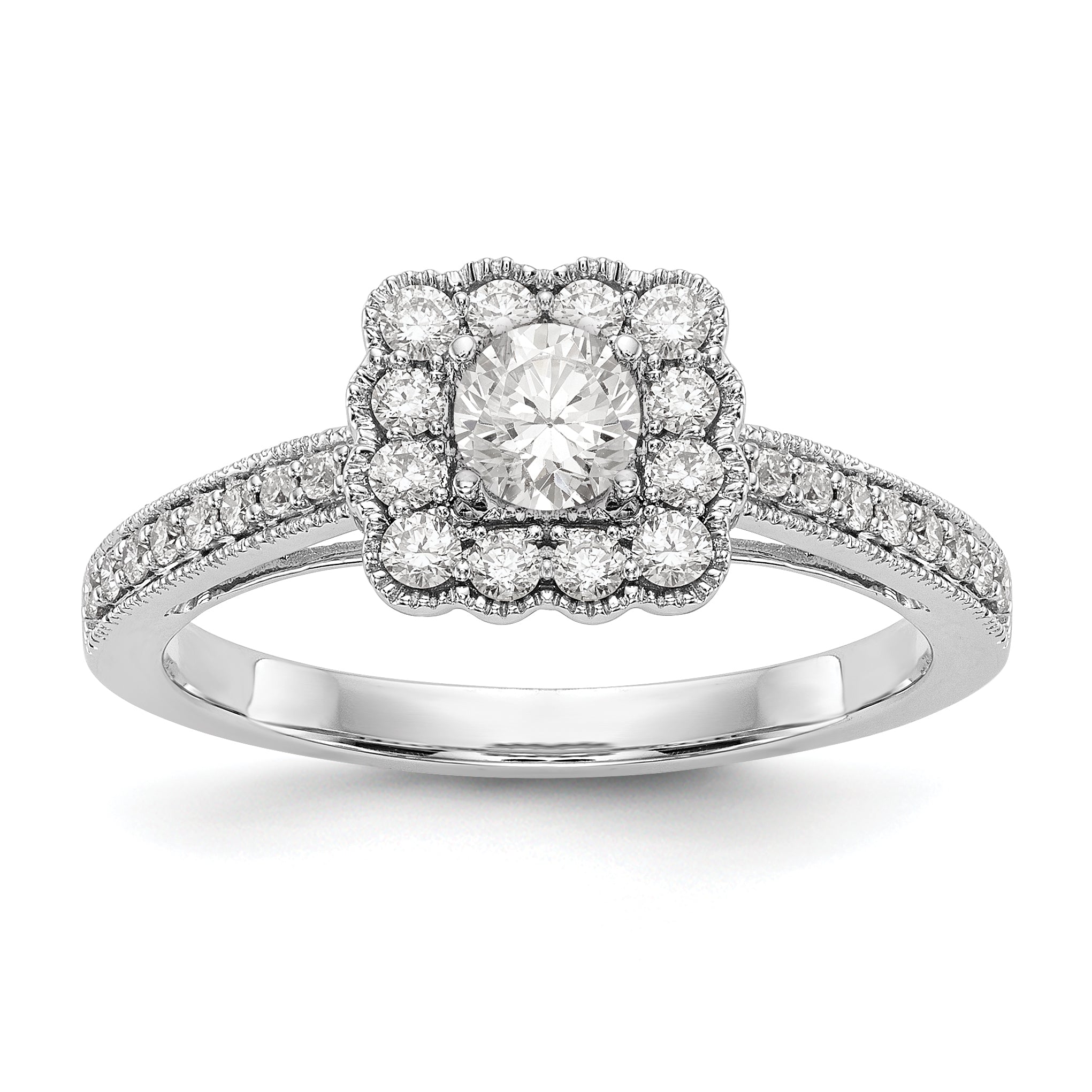 14K Weißgold Verlobungsring mit Halo und simuliertem Diamant im Kissenschliff