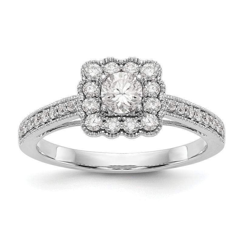 14K Weißgold Verlobungsring mit Steckfassung, simuliertem Diamant im Kissenschliff und Halo-Fassung