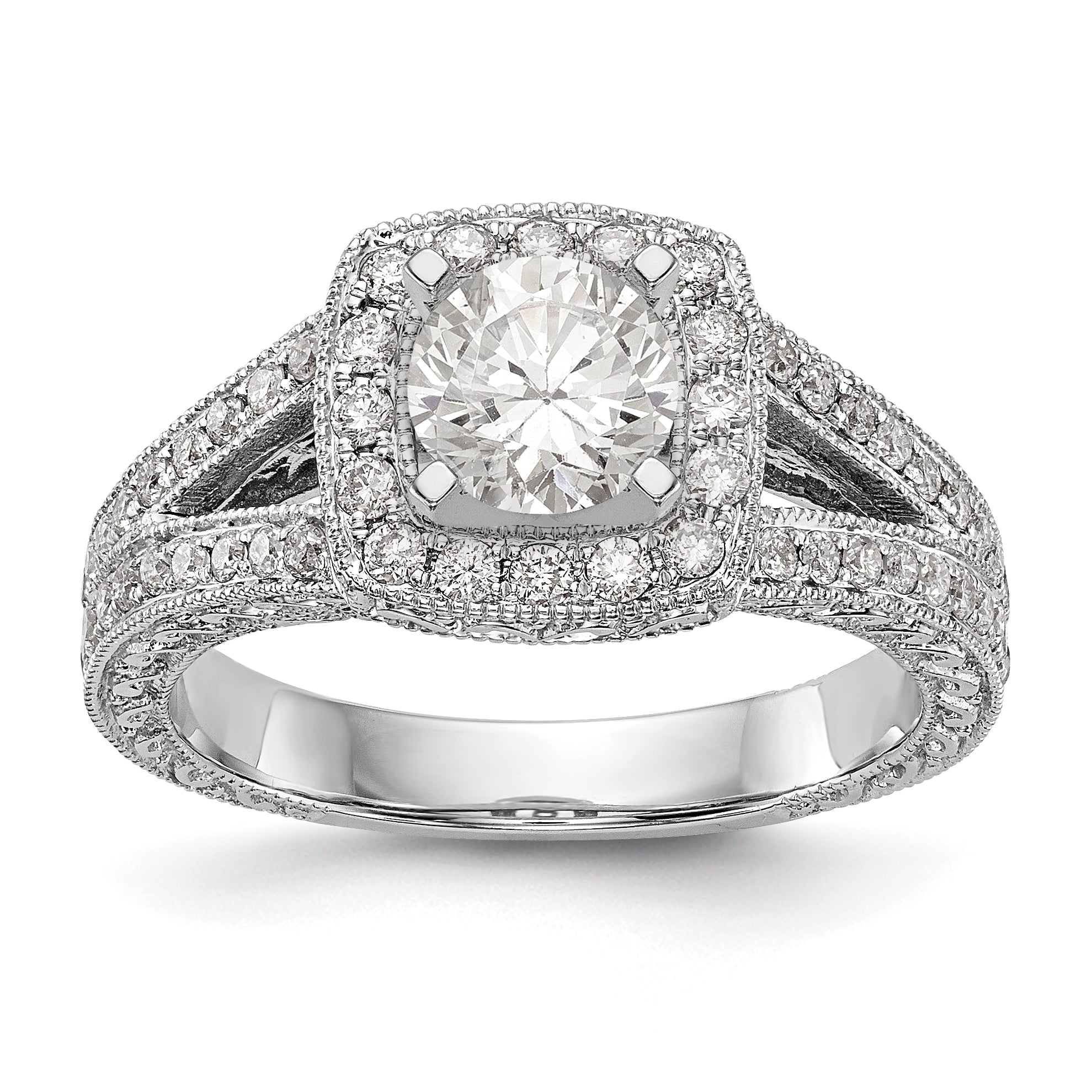 14K Weißgold Verlobungsring mit Kissenschliff-Halo und Krappen-gefassten Diamantsimulanten