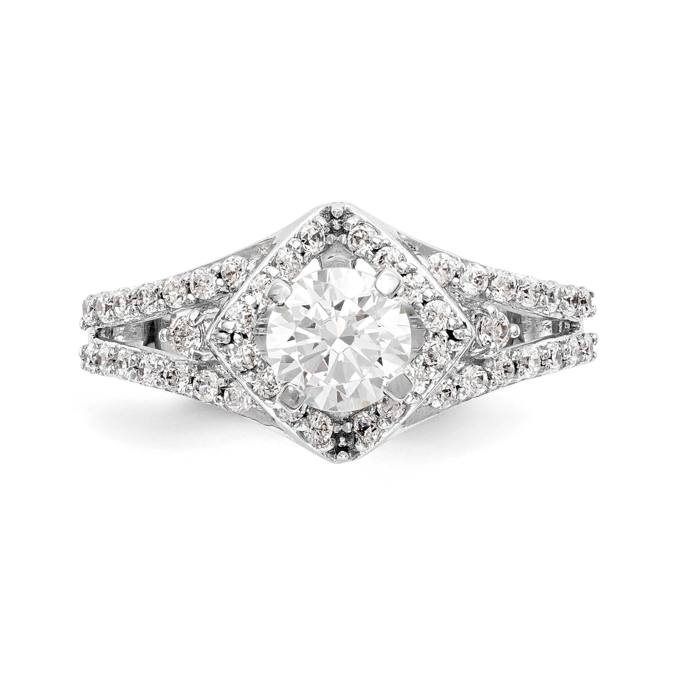 Verlobungsring aus 14K Weißgold mit Krappenfassung, simuliertem Diamant im Kissenschliff und Halo