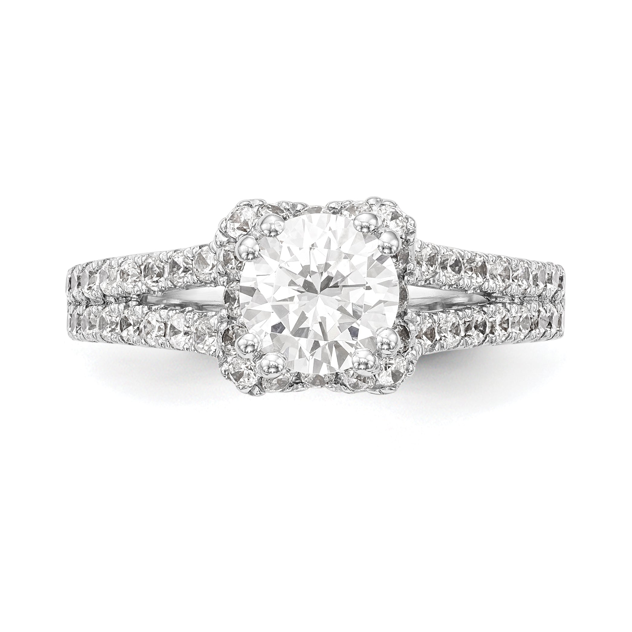 14K Weißgold Verlobungsring mit rundem simuliertem Diamanten und Halo