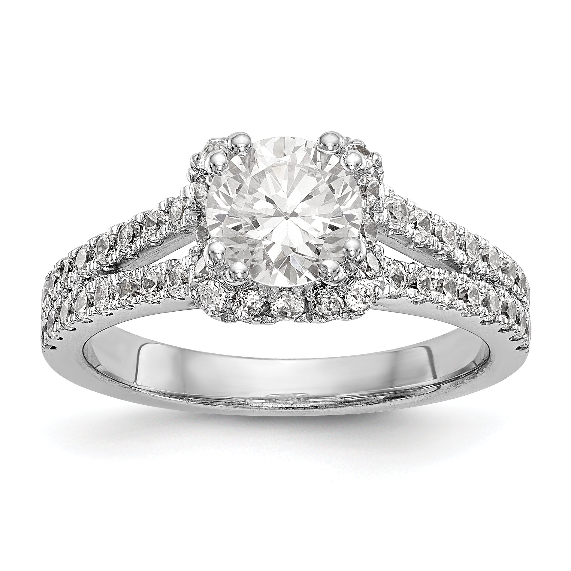14K Weißgold Verlobungsring mit rundem simuliertem Diamanten und Halo