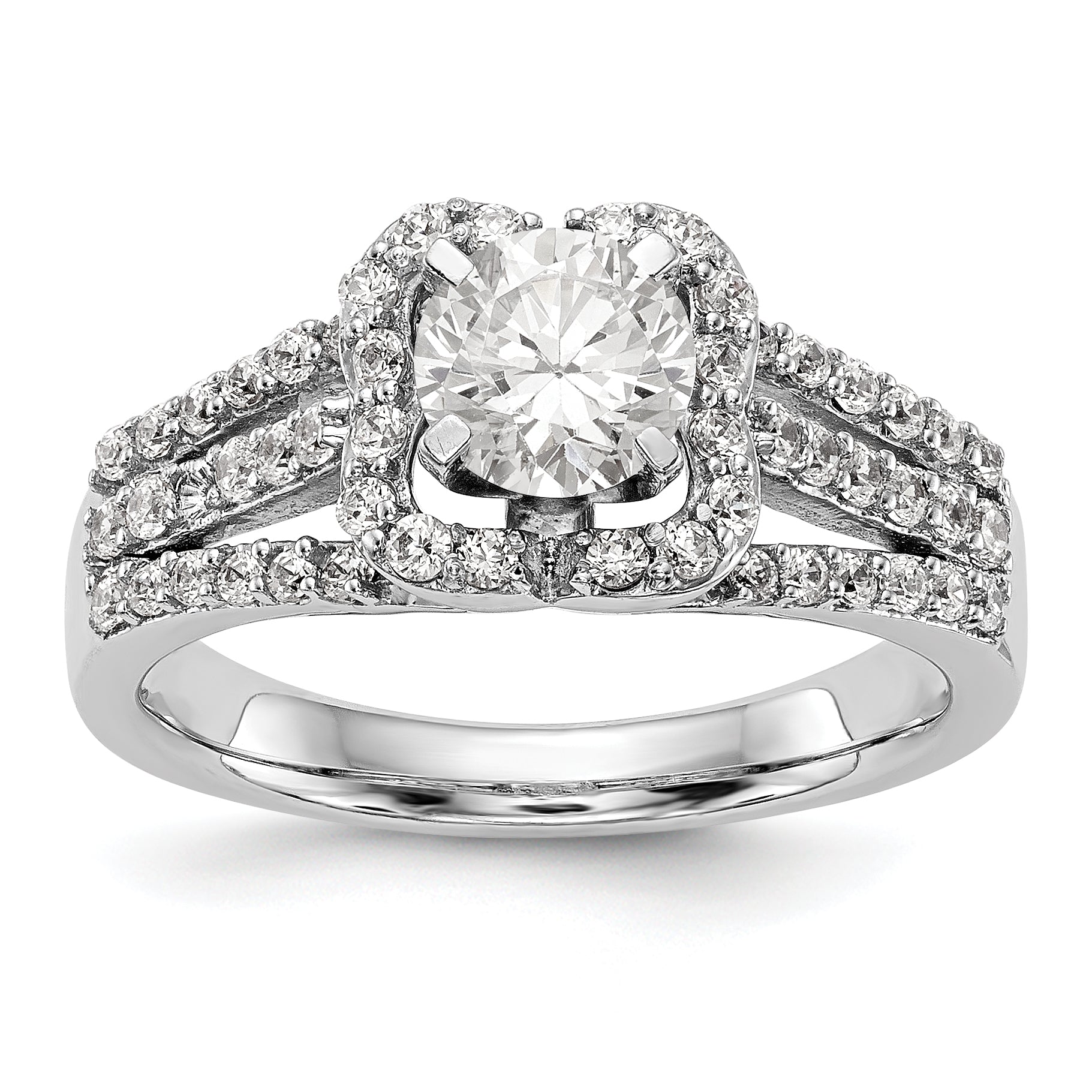 14K Weißgold Verlobungsring mit Halo aus simuliertem Diamant, Krappenfassung
