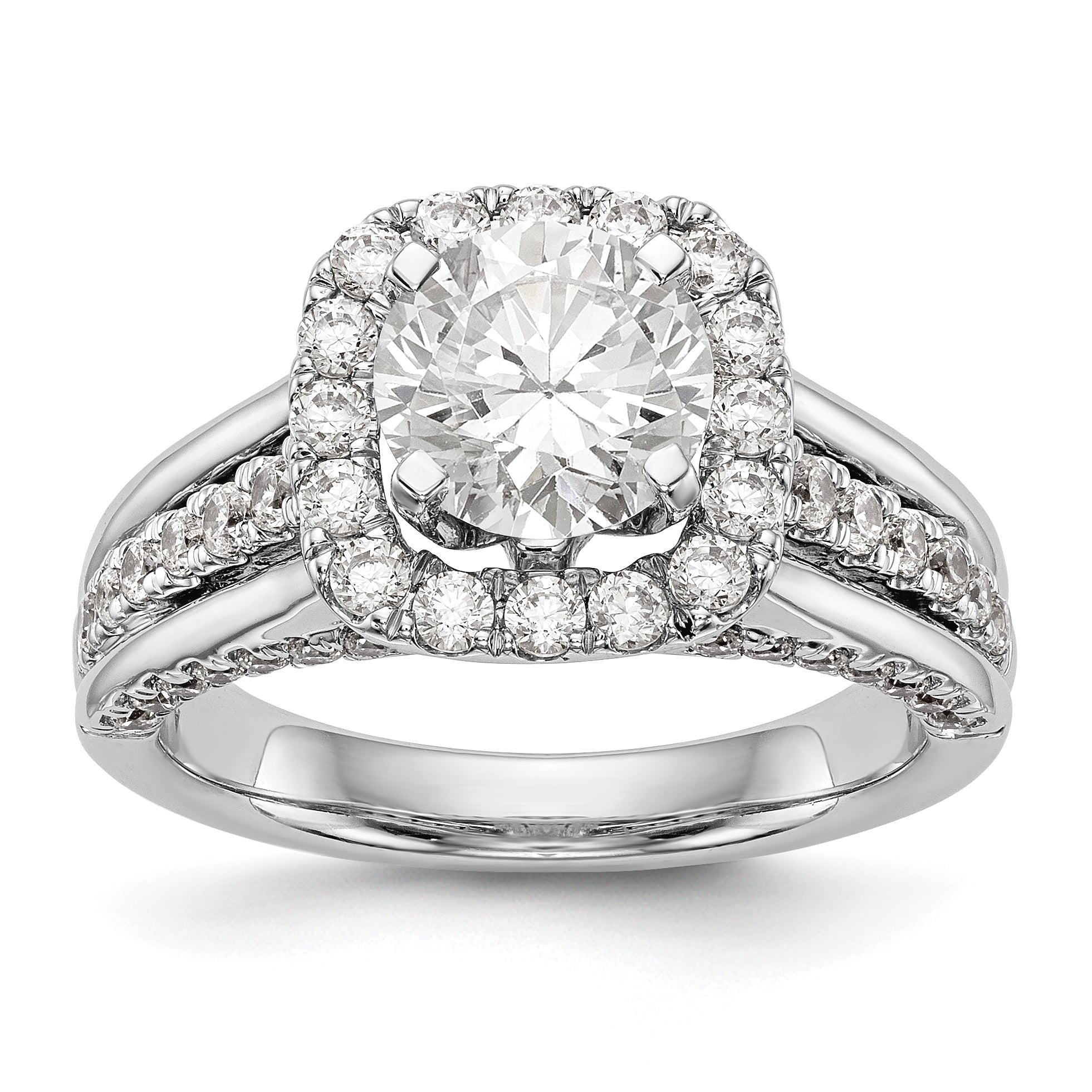14K Weißgold Verlobungsring mit rundem simuliertem Diamanten und Halo