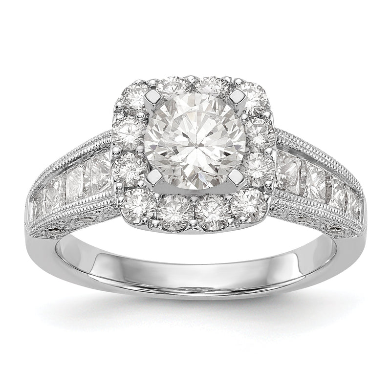 14K Weißgold Verlobungsring mit Peg-Fassung, Kissenschliff-Halo und simuliertem Diamanten