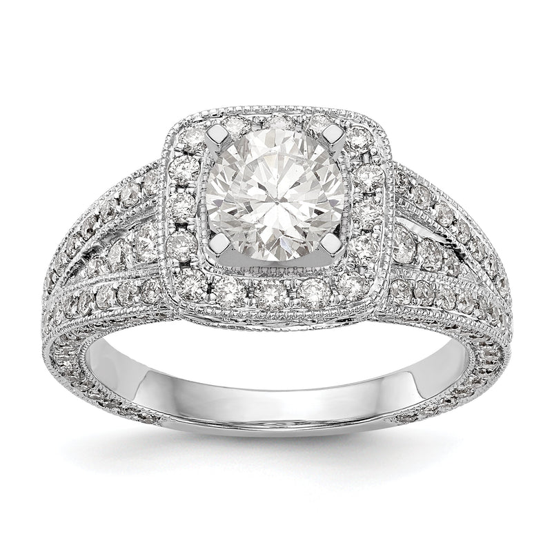 14K Weißgold Verlobungsring mit Krappenfassung, Kissenschliff-Halo und simulierten Diamanten