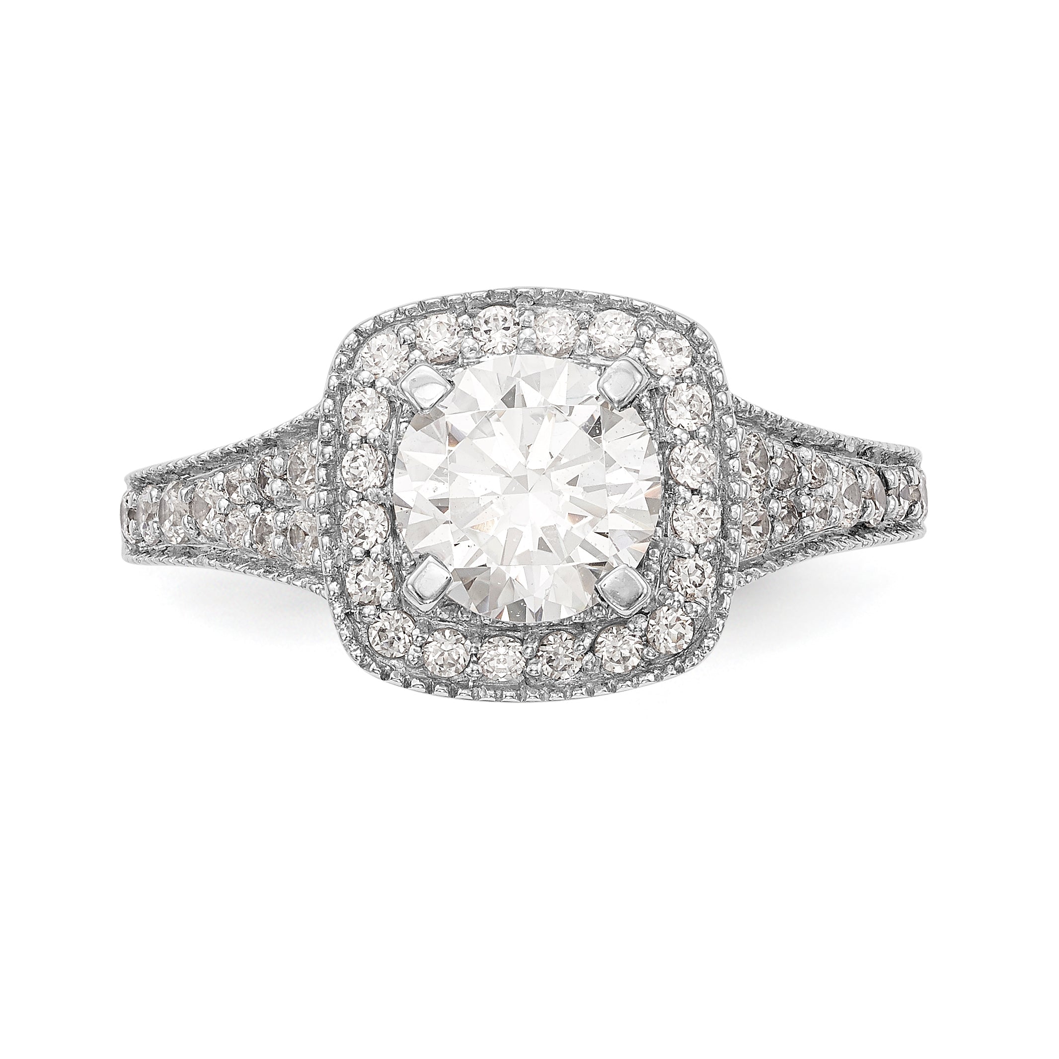 Verlobungsring mit Diamant-Simulanten-Halo in Kissenschliff aus 14K Weißgold