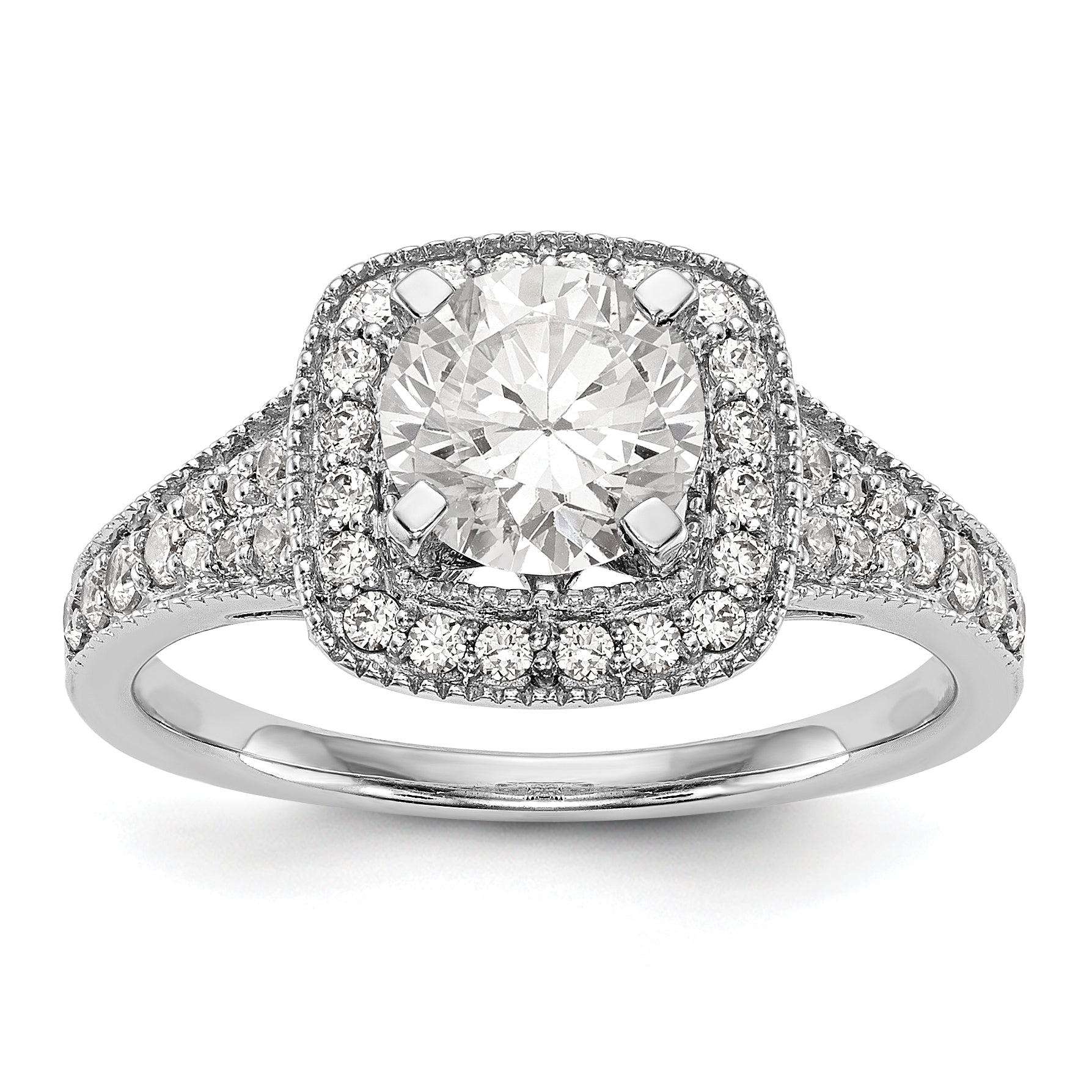 Verlobungsring mit Diamant-Simulanten-Halo in Kissenschliff aus 14K Weißgold