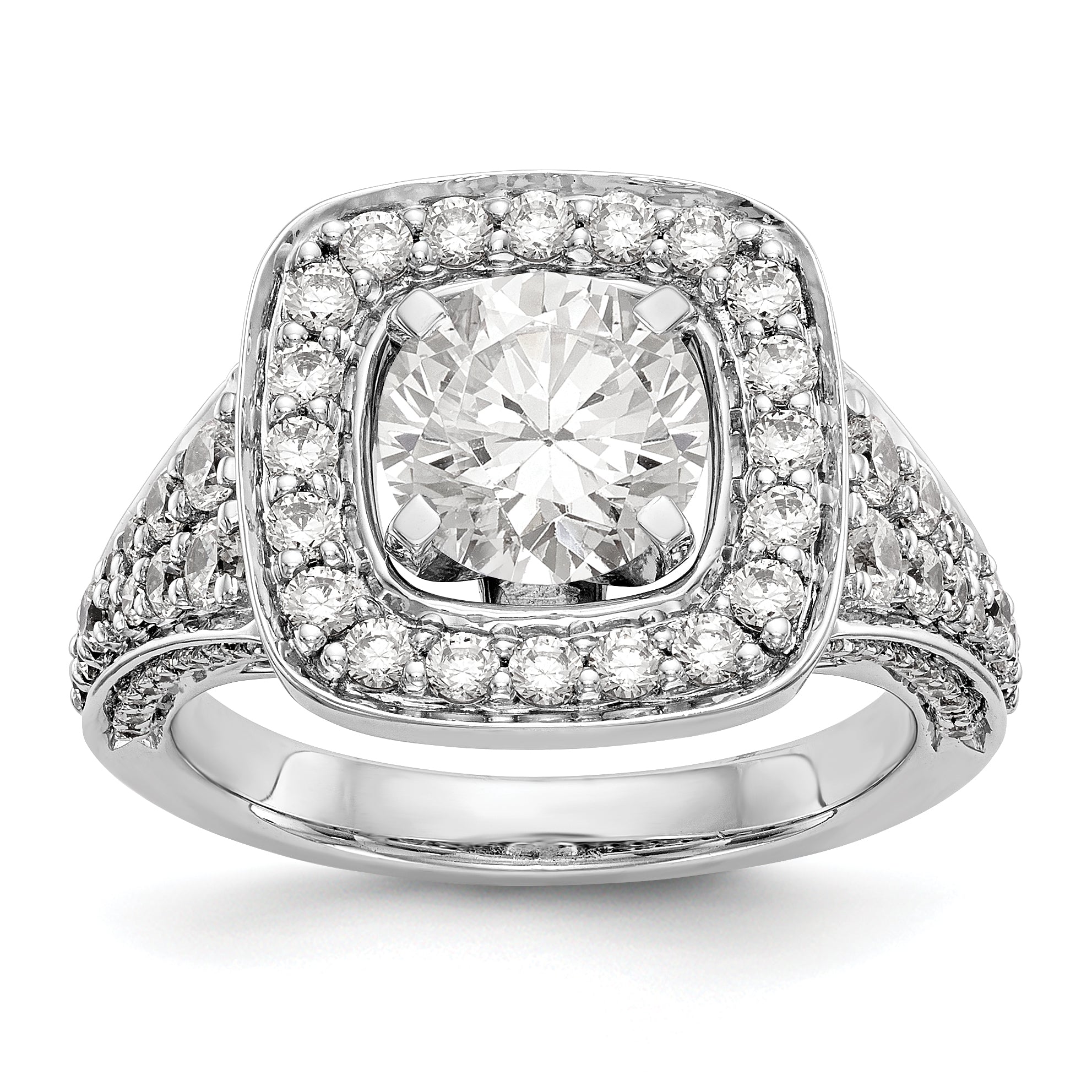 Verlobungsring mit Krappenfassung, Kissenschliff-Halo und simulierten Diamanten, 14K Weißgold