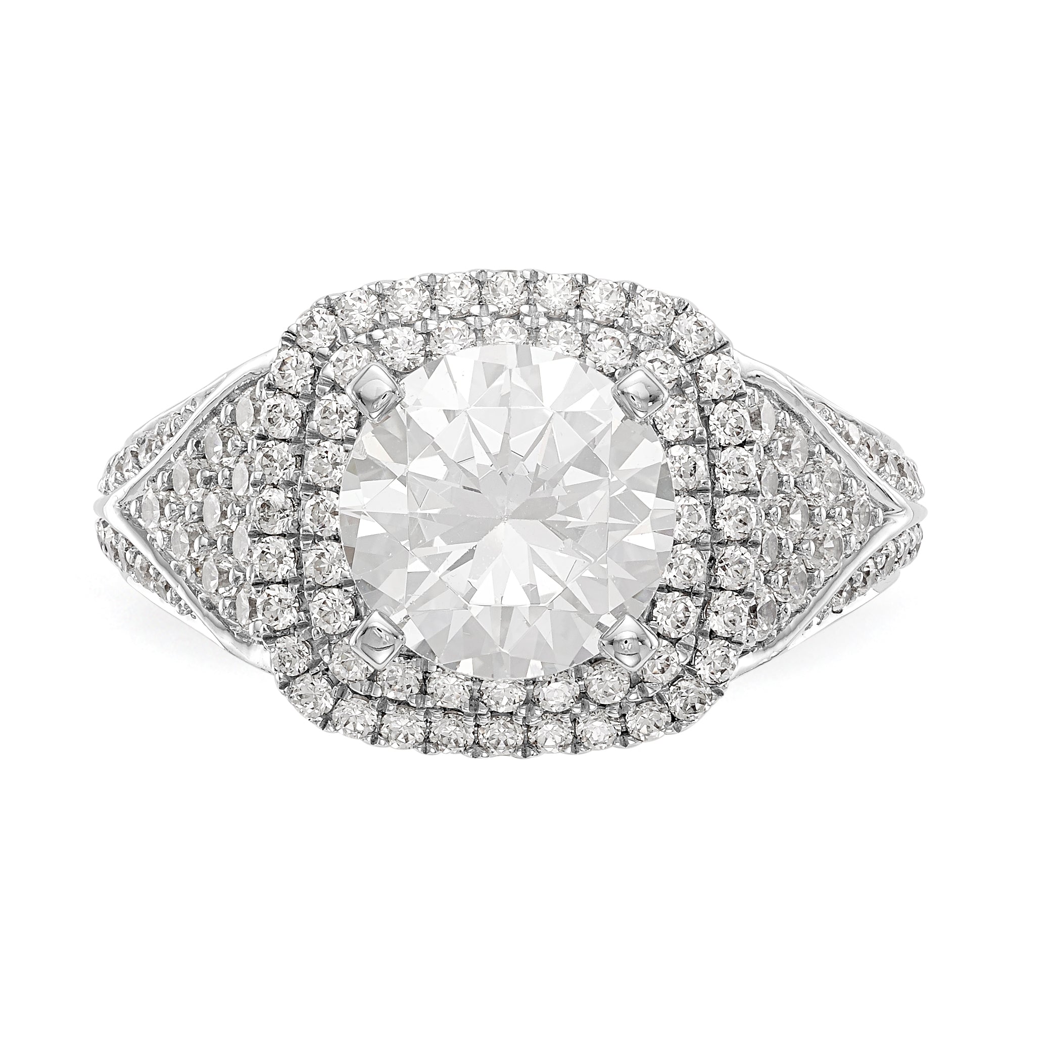 Verlobungsring aus 14K Weißgold mit imitiertem Diamanten im Kissenschliff, Halo und Krappenfassung