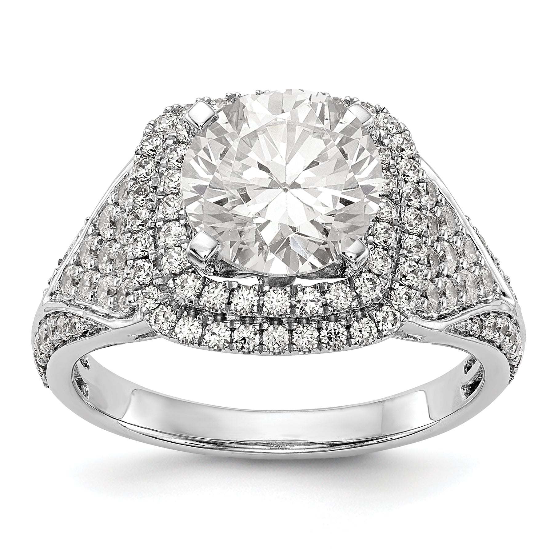 Verlobungsring aus 14K Weißgold mit imitiertem Diamanten im Kissenschliff, Halo und Krappenfassung