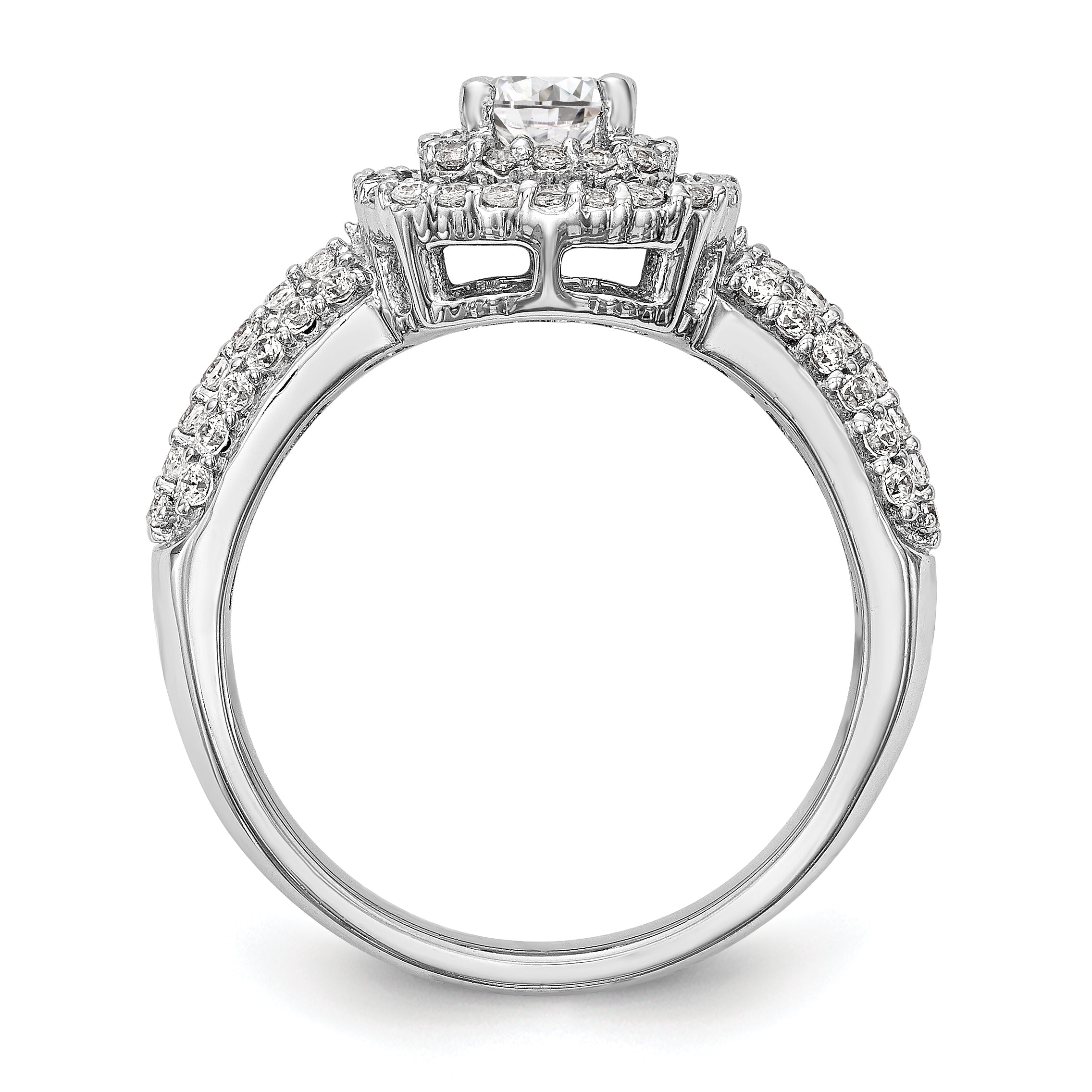 14K Weißgold Verlobungsring mit simuliertem Diamant und doppeltem Kissen-Halo