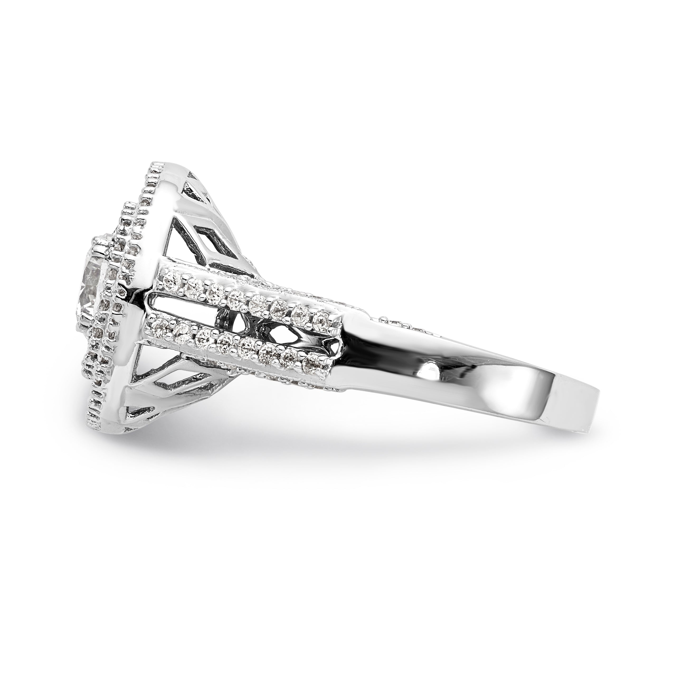 14K Weißgold Verlobungsring mit simuliertem Diamant und doppeltem Kissen-Halo