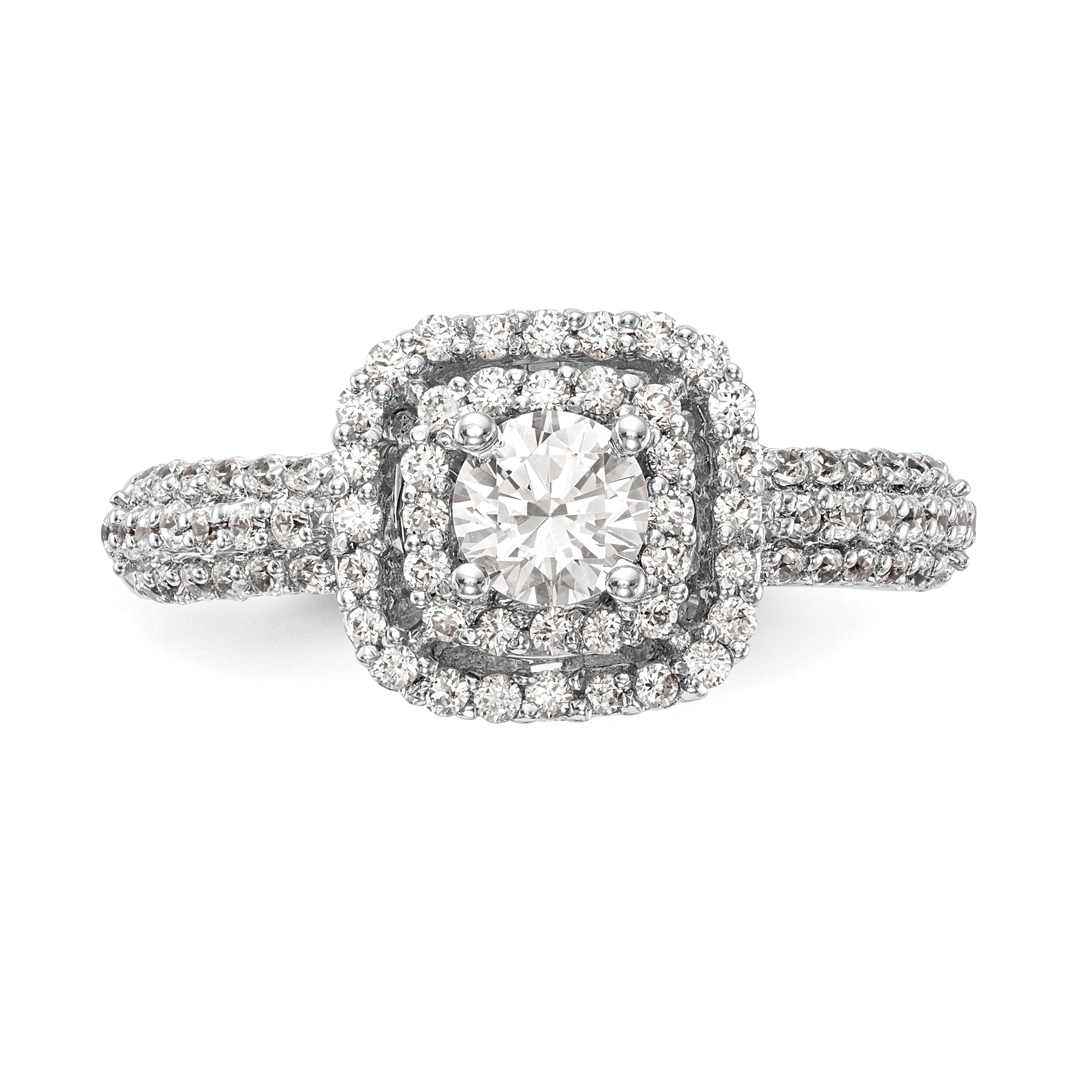 14K Weißgold Verlobungsring mit simuliertem Diamant und doppeltem Kissen-Halo
